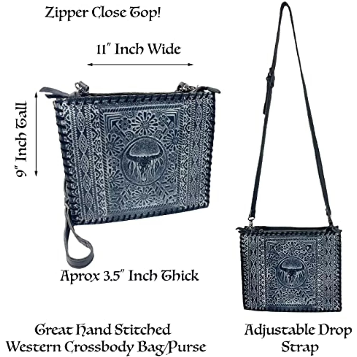 Skull Western Purse Leather Genuine Hand Cow Bag Crossbody Tote Large (Blue) Urbalabs Handbag Tooled Stitched Longhorn