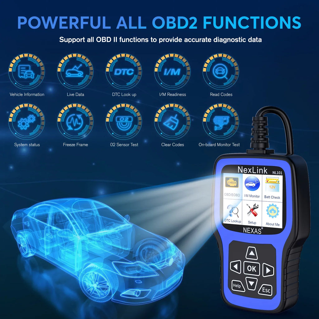 Battery NEXAS Scanner OBDII Codes Reader Scanner OBD2 Diagnostic Check Engine NL101 Functions Car Engine Tester Read Scanner Auto Tool Light Car Clear Check Full OBDII Code Automotive