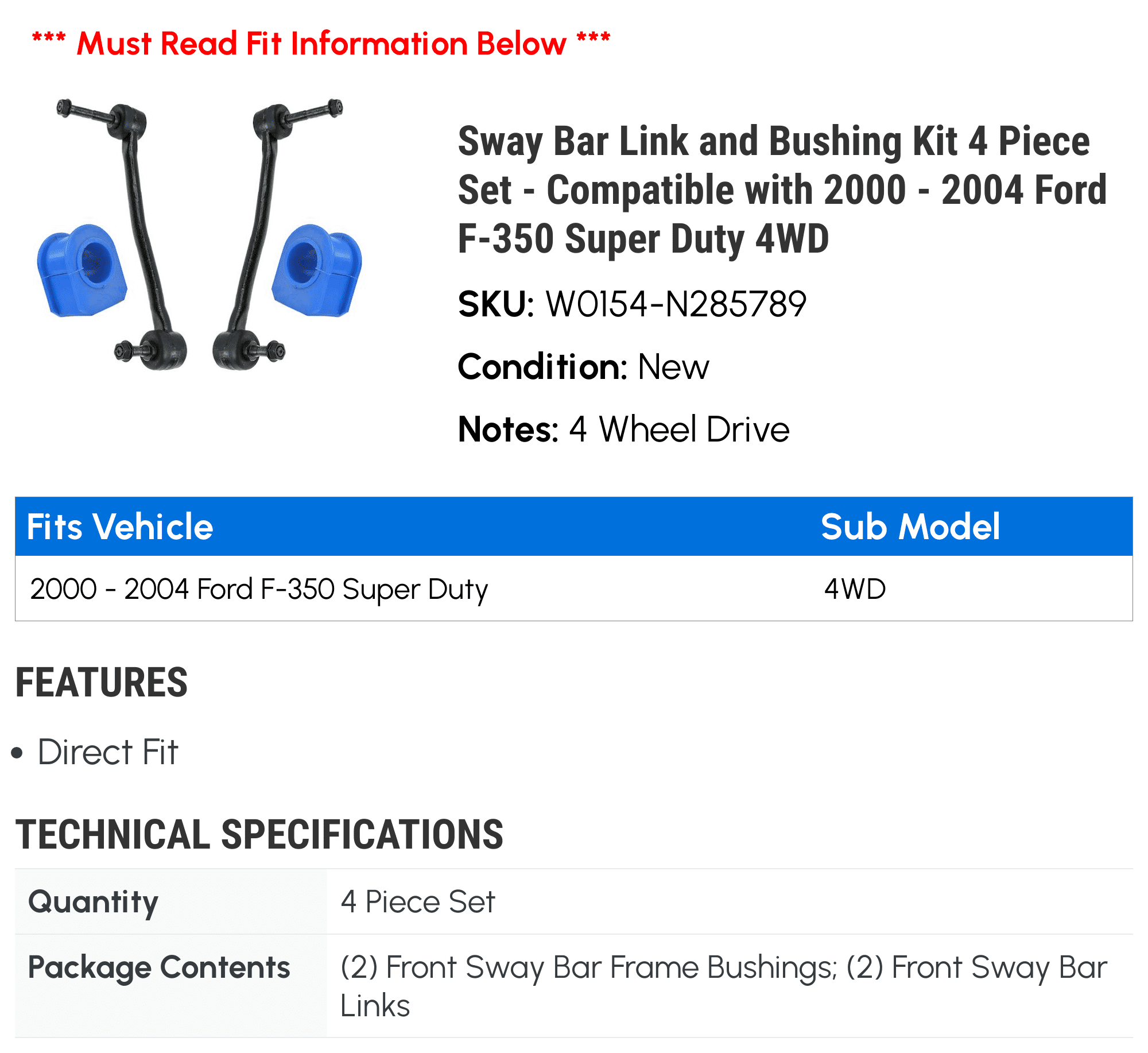 2002 Duty Bar Super 2003 2000 Sway Link Piece 4 Set Kit 2004 - - Bushing and Compatible with F-350 4WD 2001