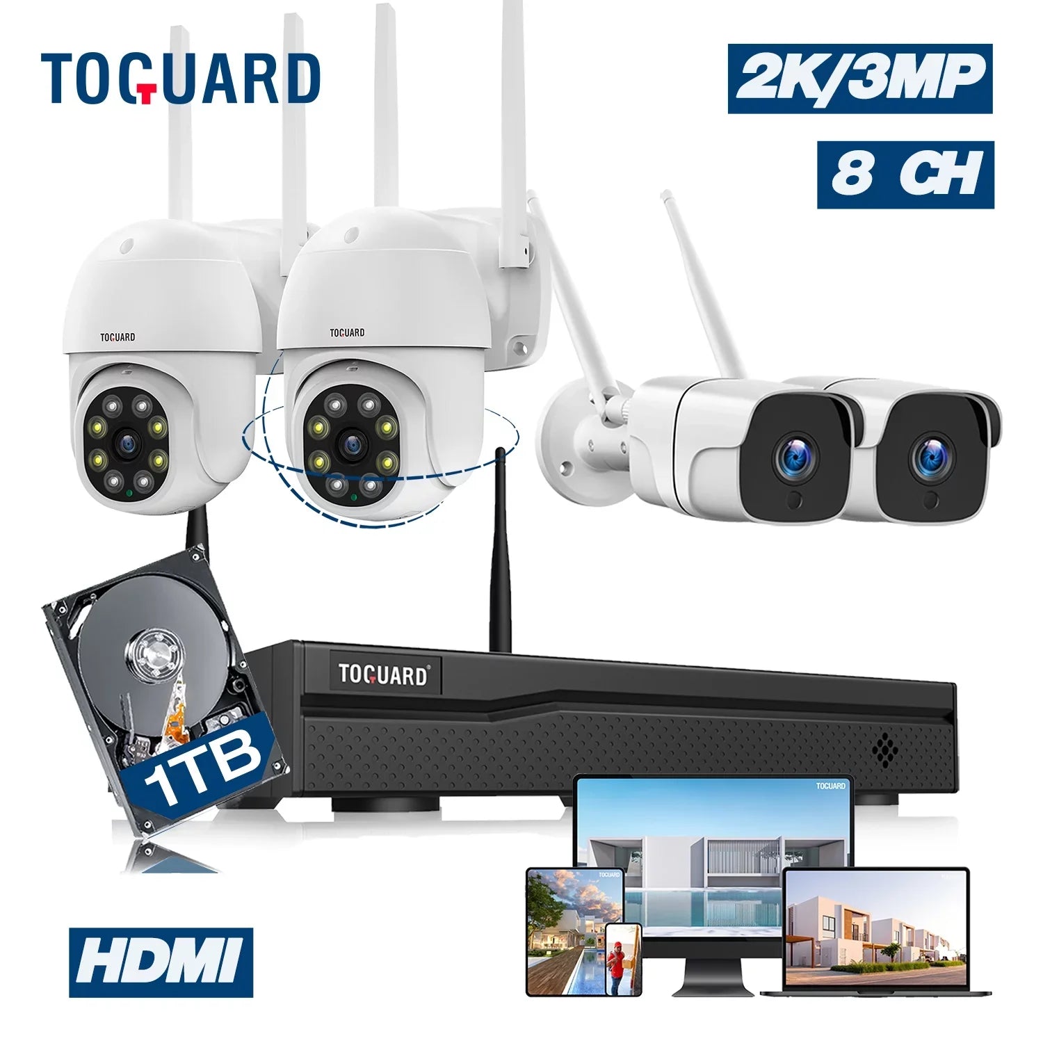 Security System HDMI 2X3MP Camera CCTV with WiFi Dome Toguard Camera exterior Drive, 1TB Connector Wireless Hard
