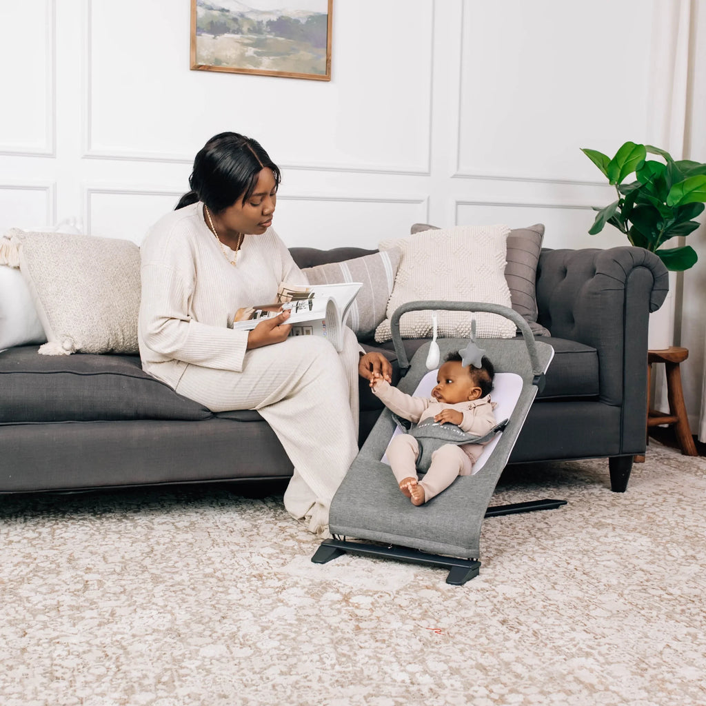Baby Deluxe Portable Tweed Months, Baby Charcoal Delight 0-6 Infants Bouncer, for Alpine
