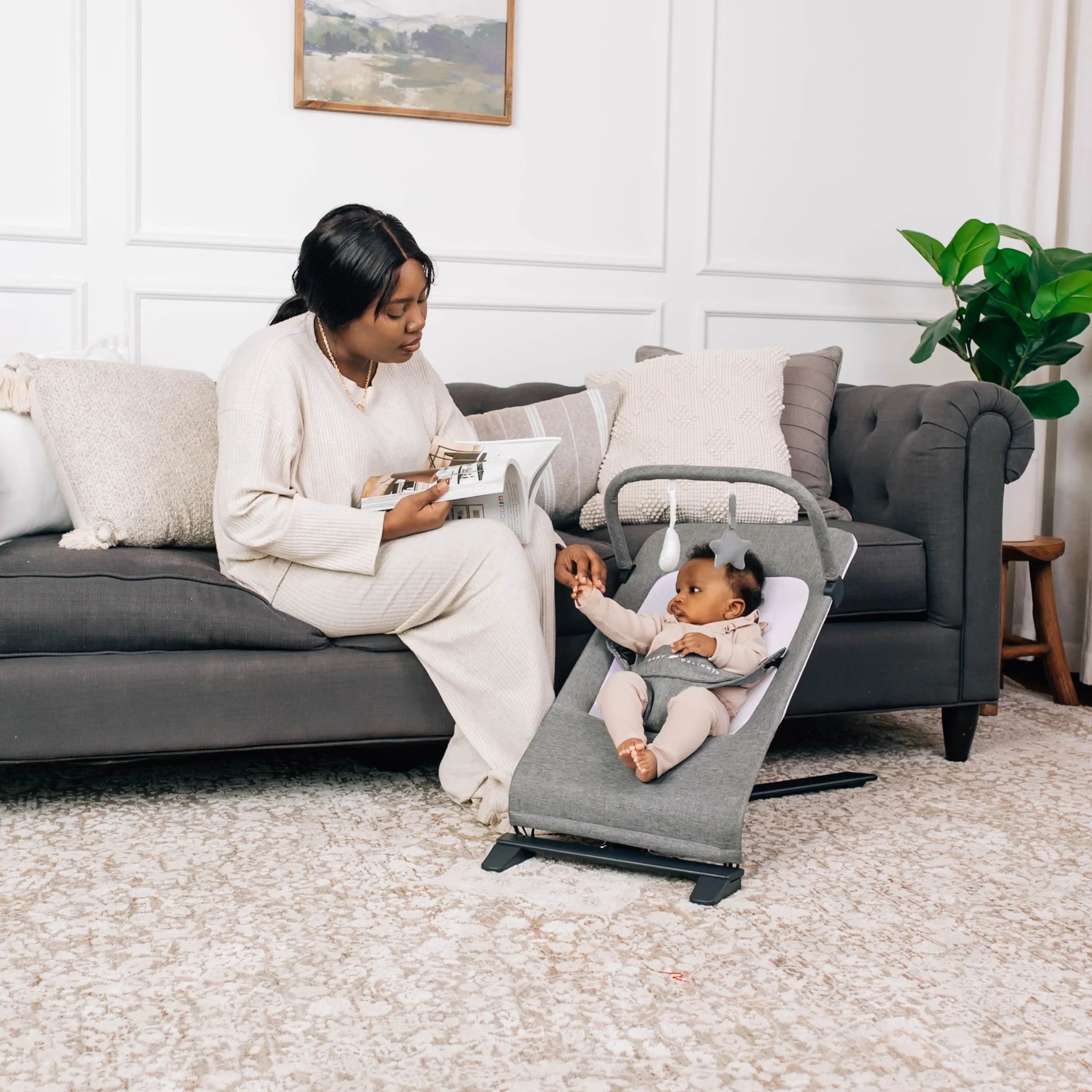 Baby Deluxe Portable Tweed Months, Baby Charcoal Delight 0-6 Infants Bouncer, for Alpine