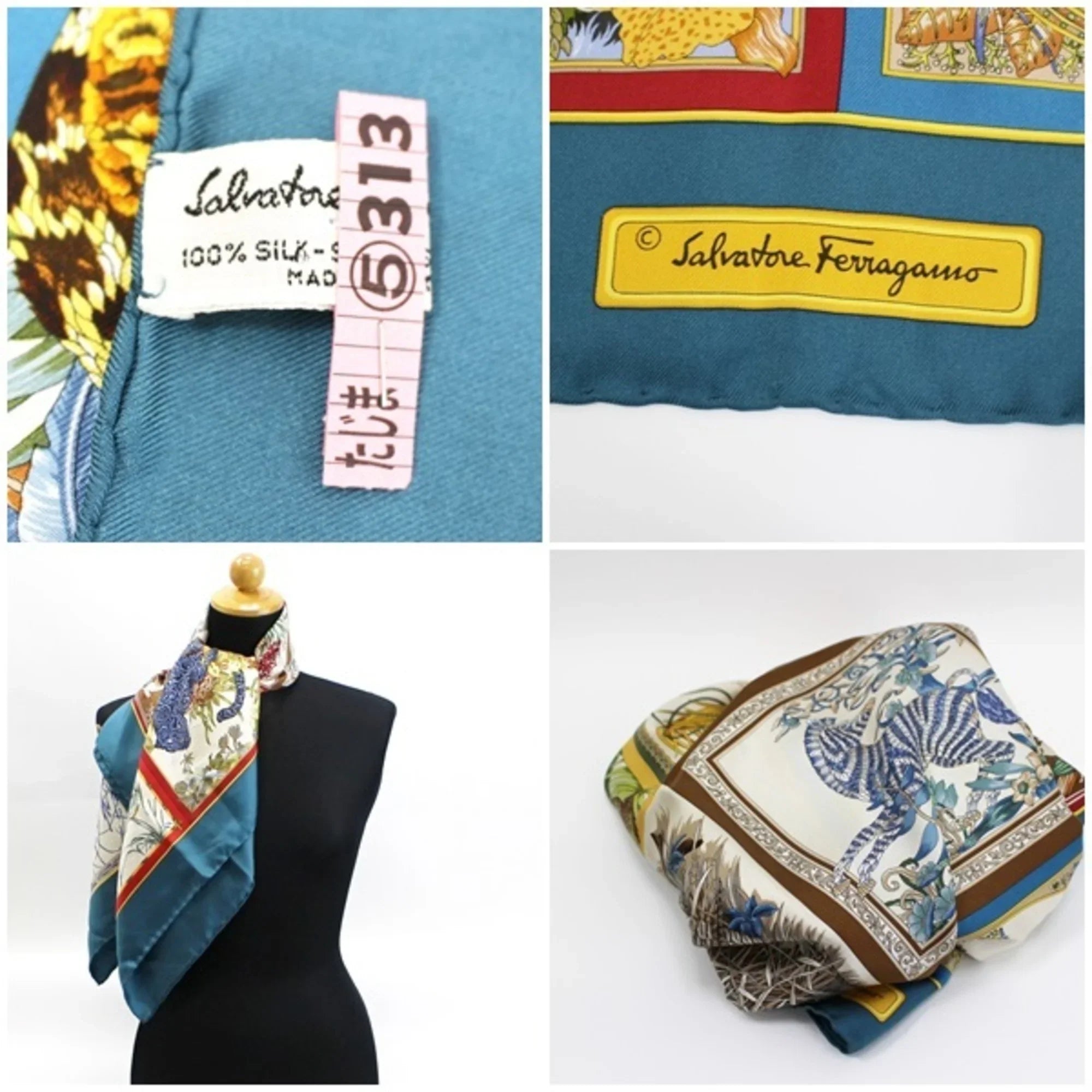 green Salvatore ladies print teal animal scarf silk Ferragamo (Good) Pre-Owned muffler