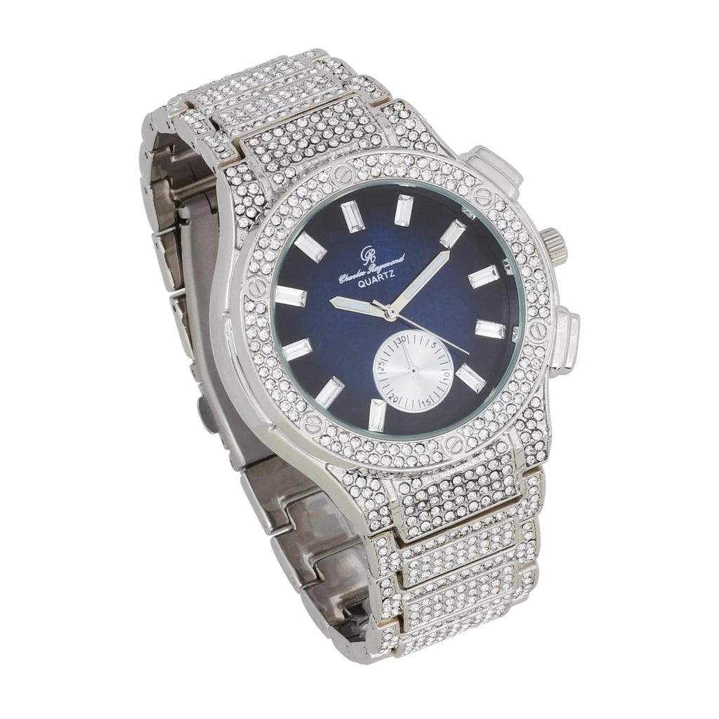 ST10311 -C Charles - MB on Blast Hop Timepiece- Men's Big Raymond Inspired by Bling Diamond Blue Out - Rhinestones SLV Iced Hip Watch
