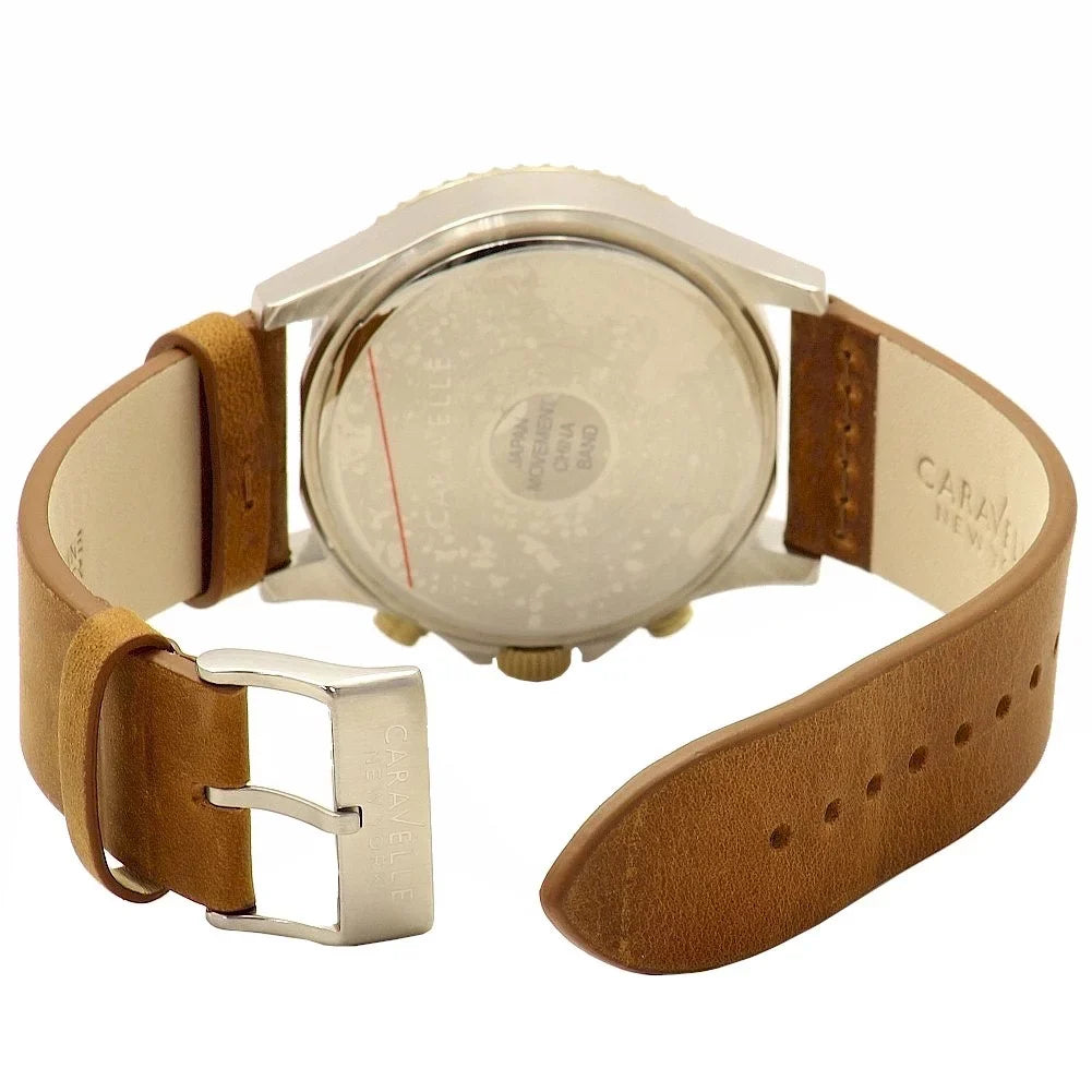 Leather Chronograph Men's Watch 45A135 Caravelle Brown Sport Strap Blue Dial
