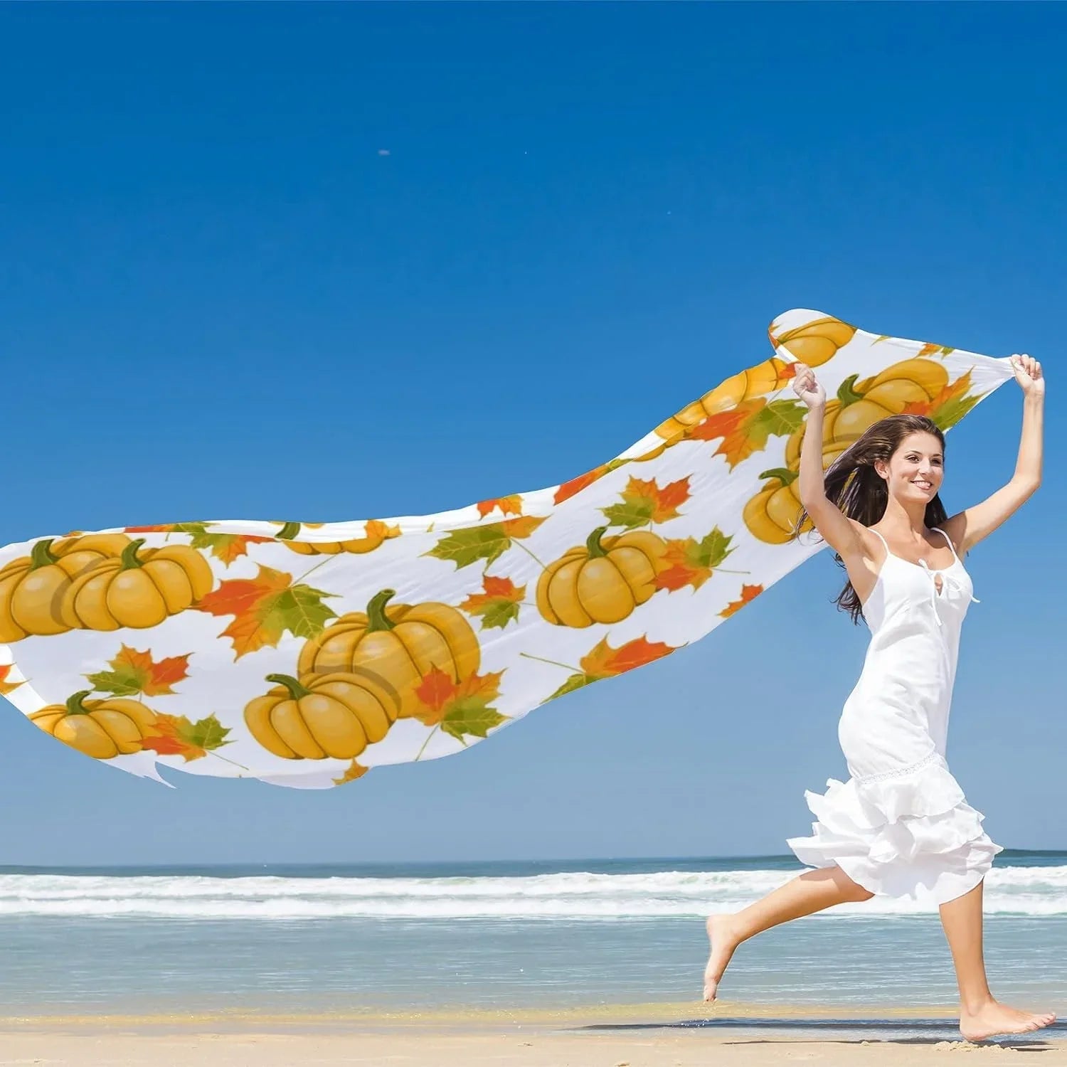 Silk Scarf Wrap Lightweight Girls Shawl for Leaves Hyjoy Maple Women Neck Long Scarves Pumpkins