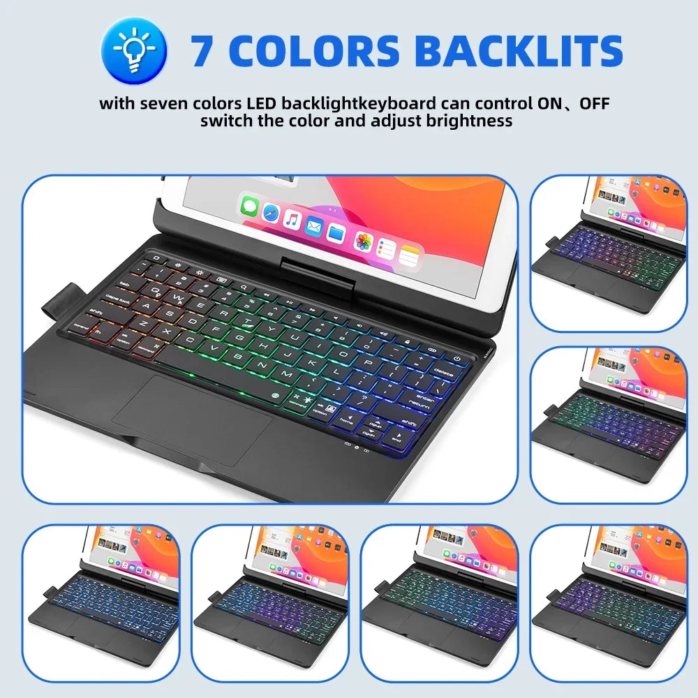 with Gen iPad iPad 2019 DFITO with -Black Air 8th Gen Pencil Holder Gen iPad Pro Keyboard 10.5" 7th 2021/ and Backlit 360° Case 9th inch Keyboard, Rotatable 3 for 2020/ / 10.2