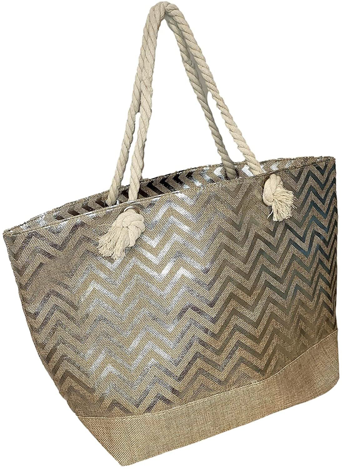 Monogram with Print Zipper be Can Top or with Women Initial, Metallic Beach Large Bag - Name Tote Personalized