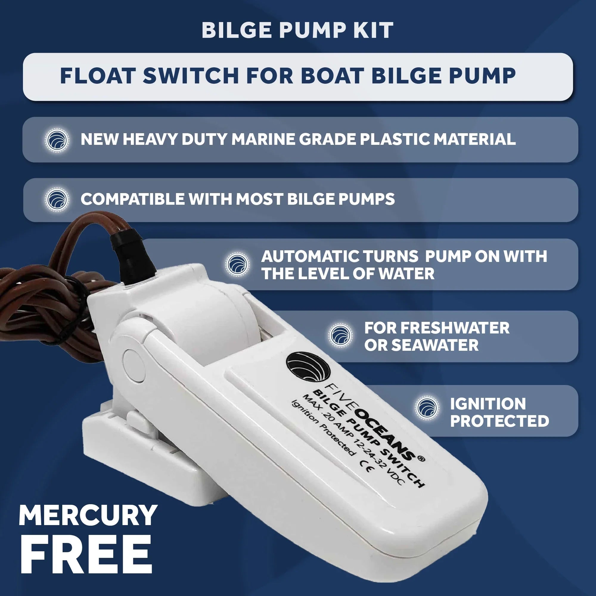 Pump Bilge with Heavy-Duty LPH 1-1/8-Inch 2000 / Diameter Five GPH - Inside Kit, Automatic Oceans Float FO3616-C2 Switch (29mm) 12-Volts, Hose, 7571