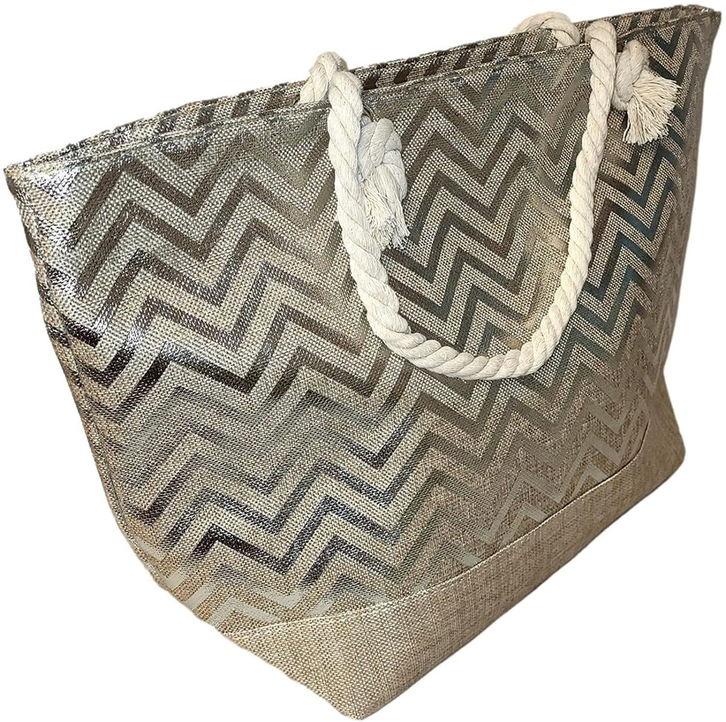 Monogram with Print Zipper be Can Top or with Women Initial, Metallic Beach Large Bag - Name Tote Personalized