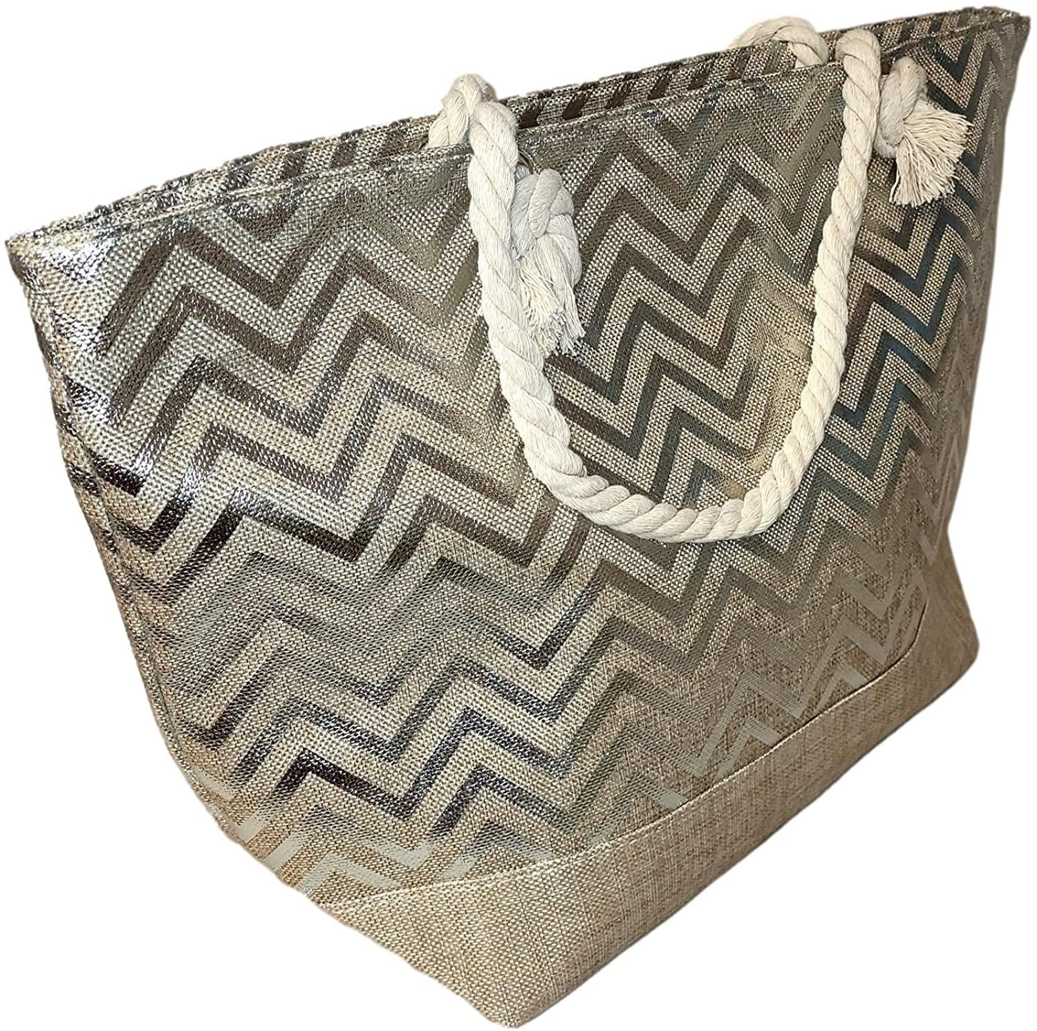 Monogram with Print Zipper be Can Top or with Women Initial, Metallic Beach Large Bag - Name Tote Personalized