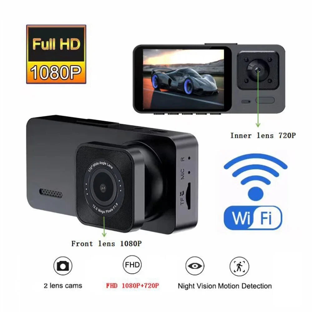 1080P Video Cam Front/Rear/Inside Recorder Car Dash 3 Dual Lens JLLOM HD Lens G-sensor Camera