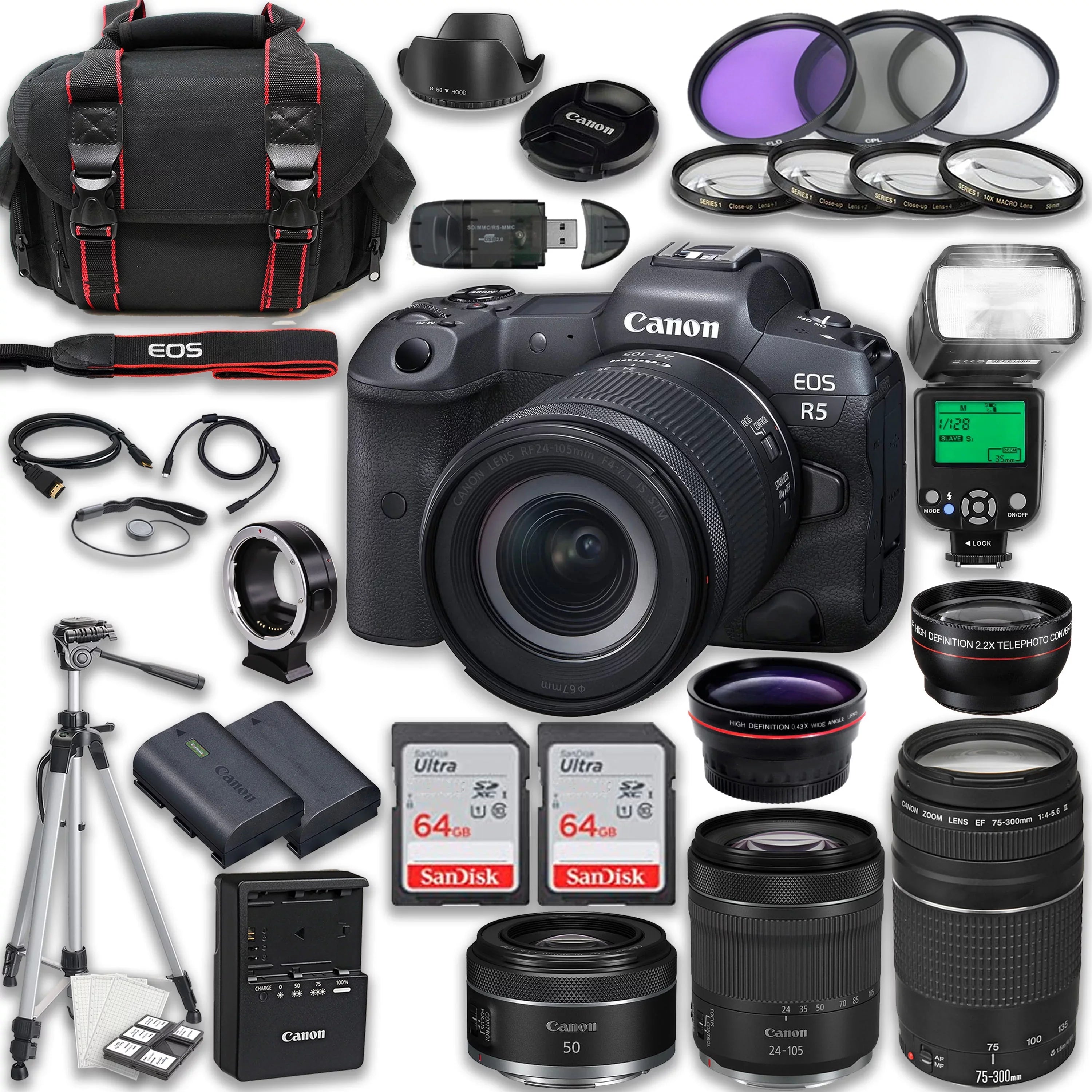 Lenses Extra EOS 50mm Camera Accessories III 24-105mm Frame + RF + RF 128GB including: More Battery, Canon STM f/1.8 TTL with Memory Card f/4-5.6 Full Flash, R5 Mirrorless 75-300mm STM & Tripod & +