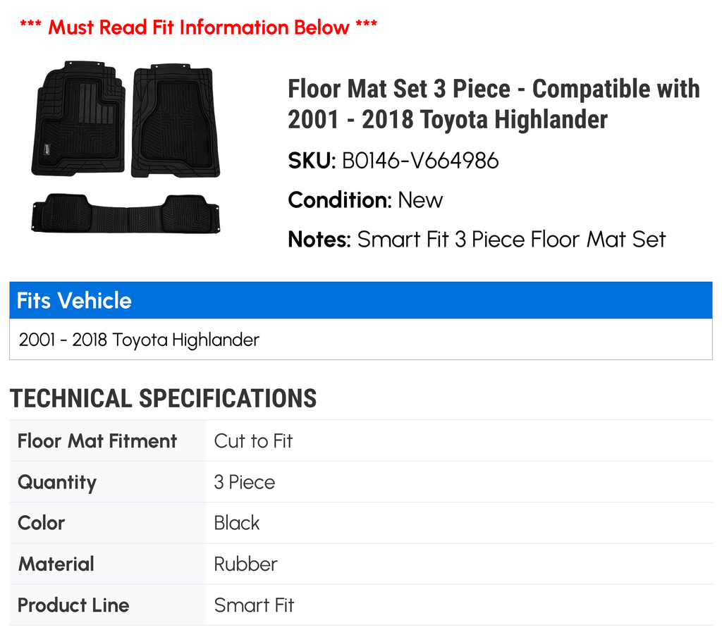 Floor Set 2017 2003 2006 2012 Piece 2010 2002 2004 2008 2007 3 2005 Toyota 2015 - with 2016 2018 - Mat Highlander Compatible 2011 2014 2001 2013 2009