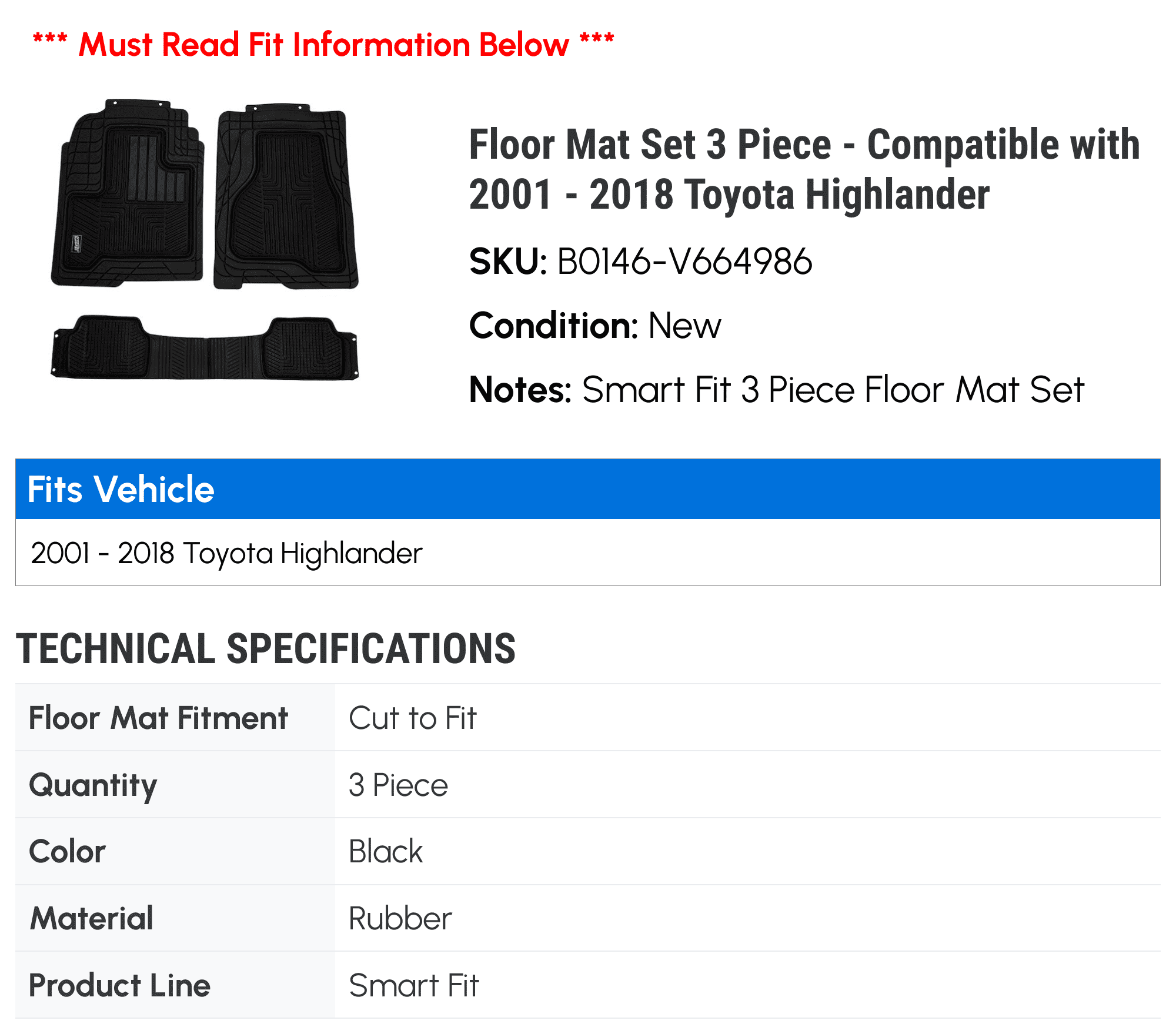 Floor Set 2017 2003 2006 2012 Piece 2010 2002 2004 2008 2007 3 2005 Toyota 2015 - with 2016 2018 - Mat Highlander Compatible 2011 2014 2001 2013 2009