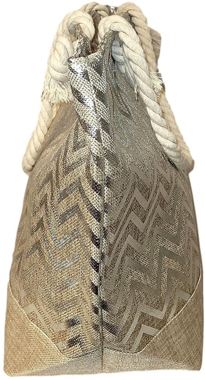 Monogram with Print Zipper be Can Top or with Women Initial, Metallic Beach Large Bag - Name Tote Personalized
