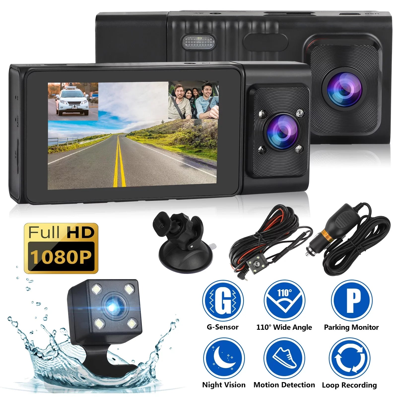 G-Sensor Channel and Camera Vision, TSV Night Camera, Dash with 3 Rear, Backup Car Front 1080P Cam Cam DVR Dual Dash