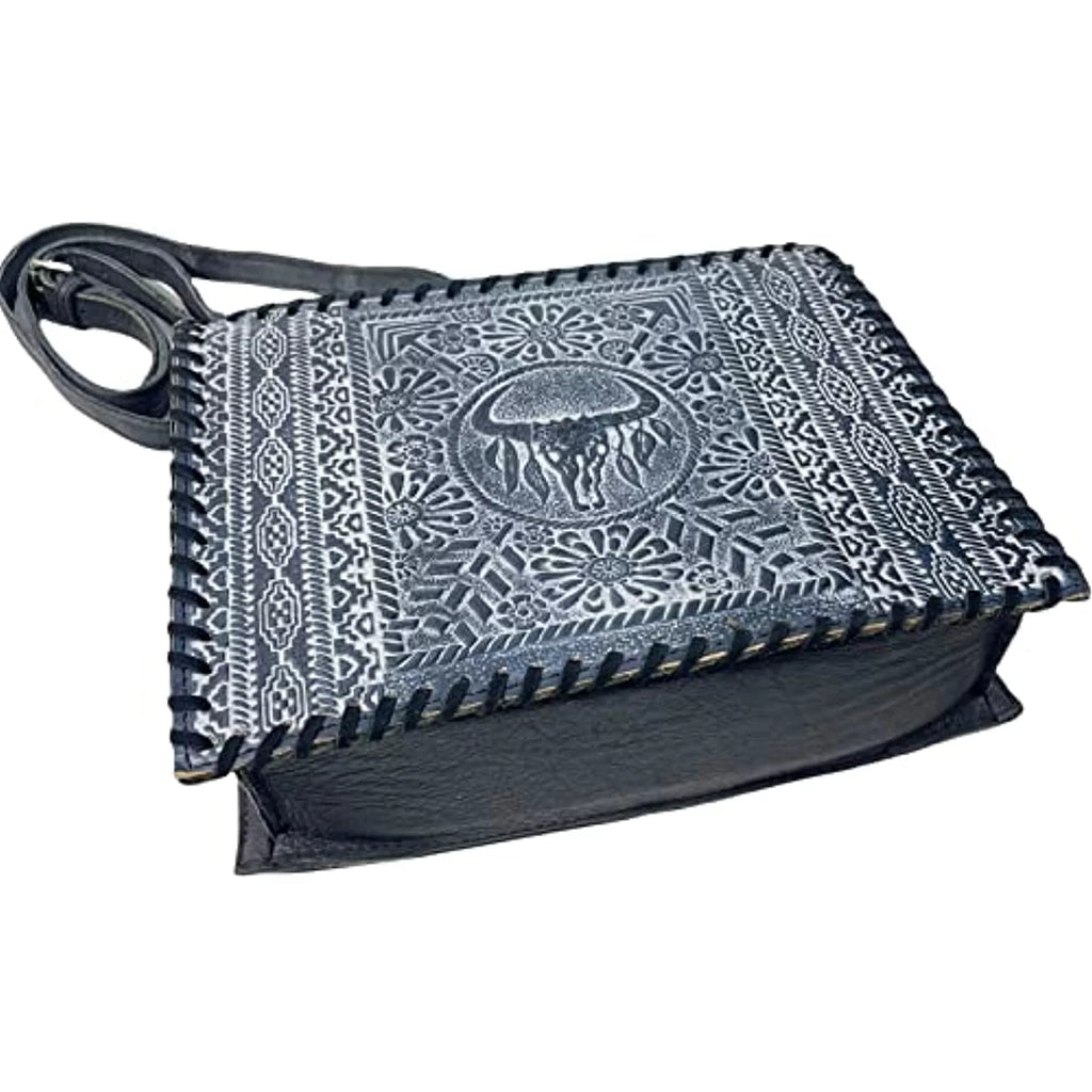 Skull Western Purse Leather Genuine Hand Cow Bag Crossbody Tote Large (Blue) Urbalabs Handbag Tooled Stitched Longhorn