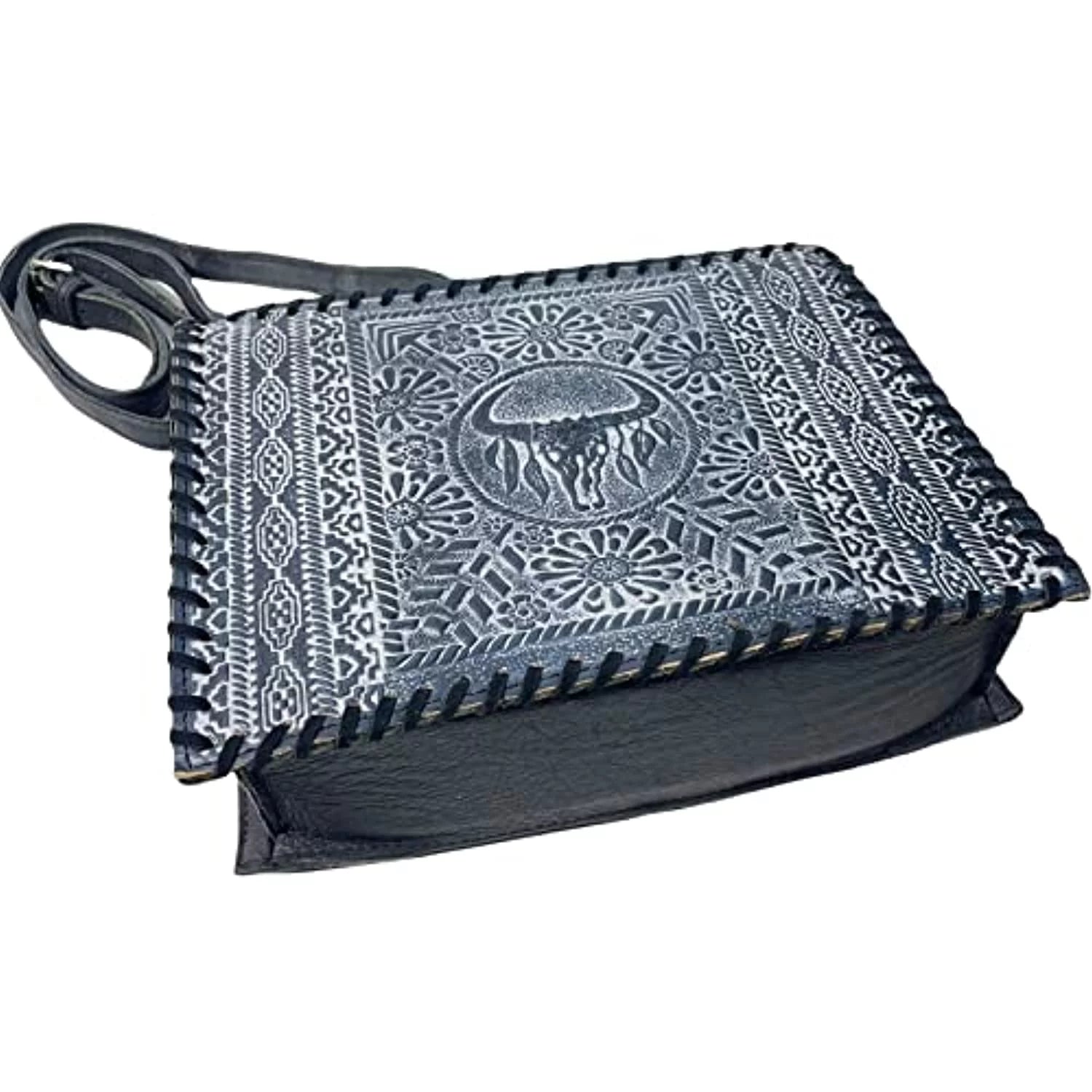 Skull Western Purse Leather Genuine Hand Cow Bag Crossbody Tote Large (Blue) Urbalabs Handbag Tooled Stitched Longhorn