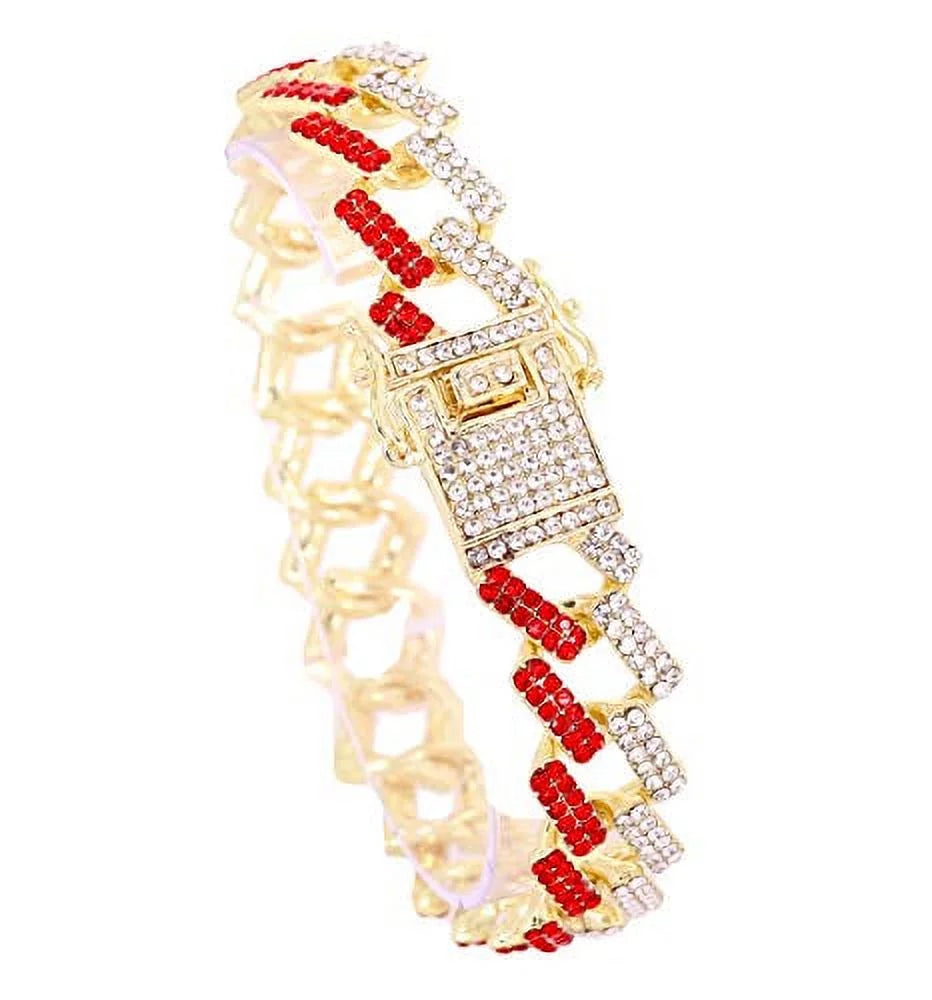 '- Gold Out w/Bling-ed Red ZZ Gold Blood Design Link Bling-ed Watch Luxury Mens Bracelet Round L0504RNB Out ZZ