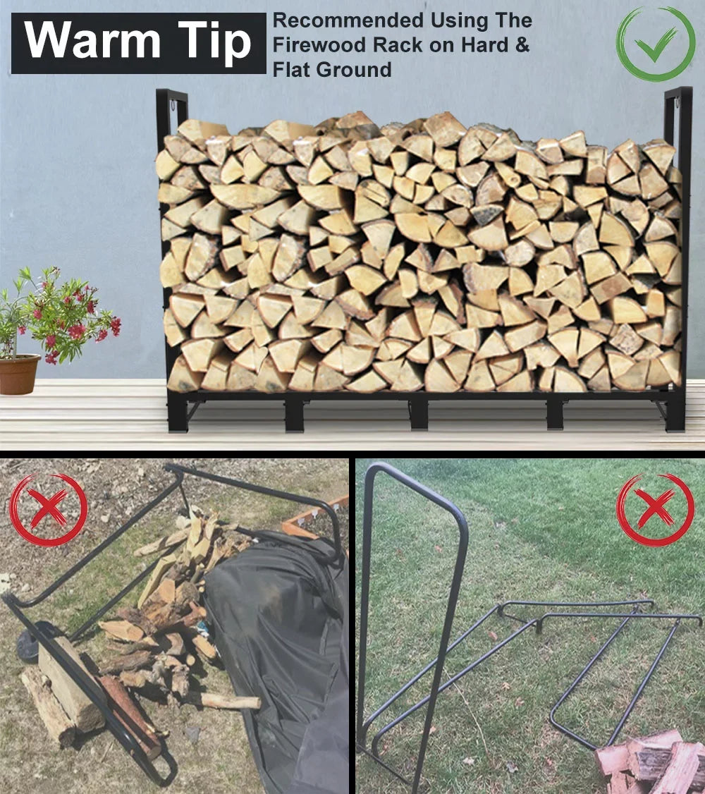 Wood Fireplace Koutemie Adjustable Storage, for Stand, 8Ft Holder Log Black Stacker Firewood exterior Fire Rack