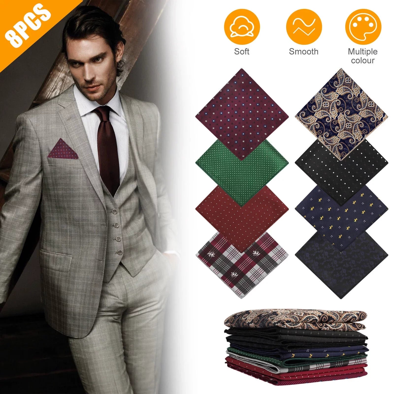 Wedding Dot Hanky Floral Silk Fashion Party Pocket Handkerchief Square Men 8PCS