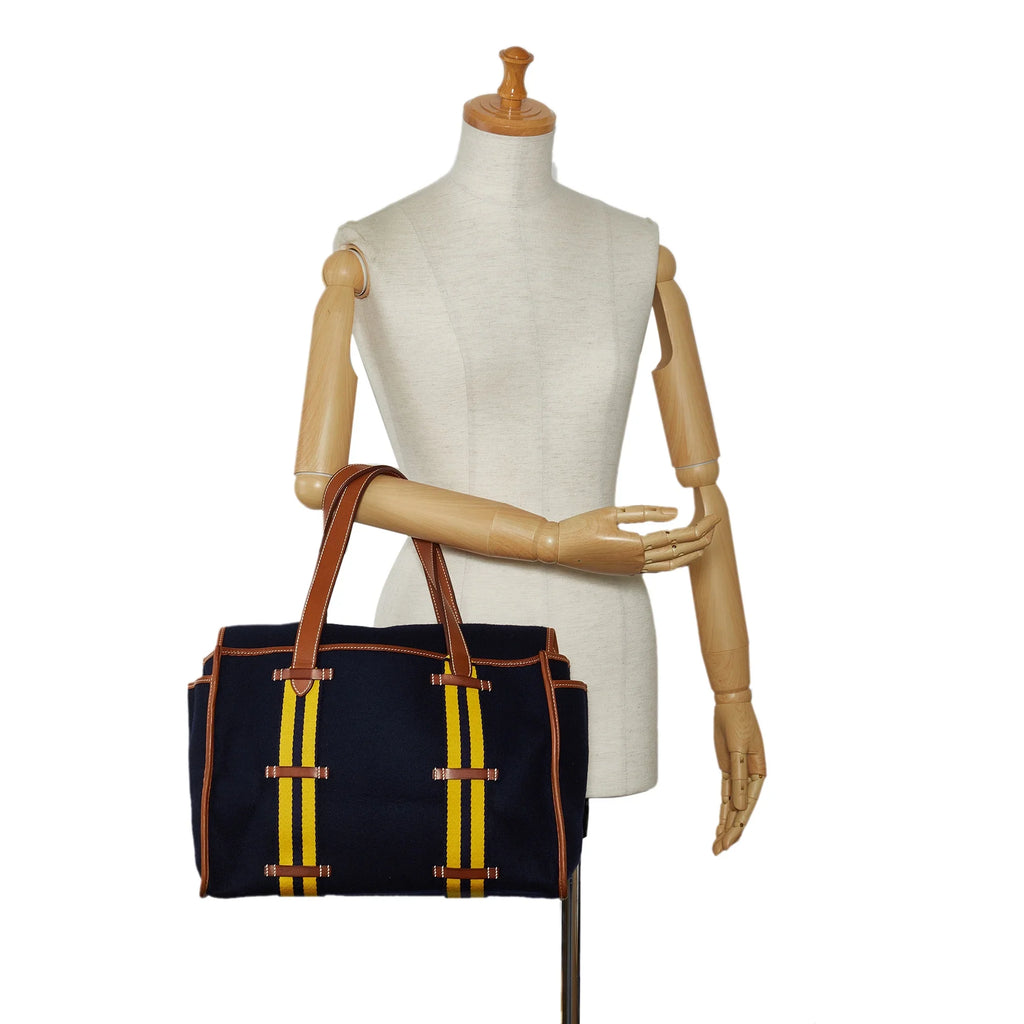 Cabas Tote Unisex Blue Authenticated Fabric (Good) Bag Pre-Owned Wool Camail Hermès