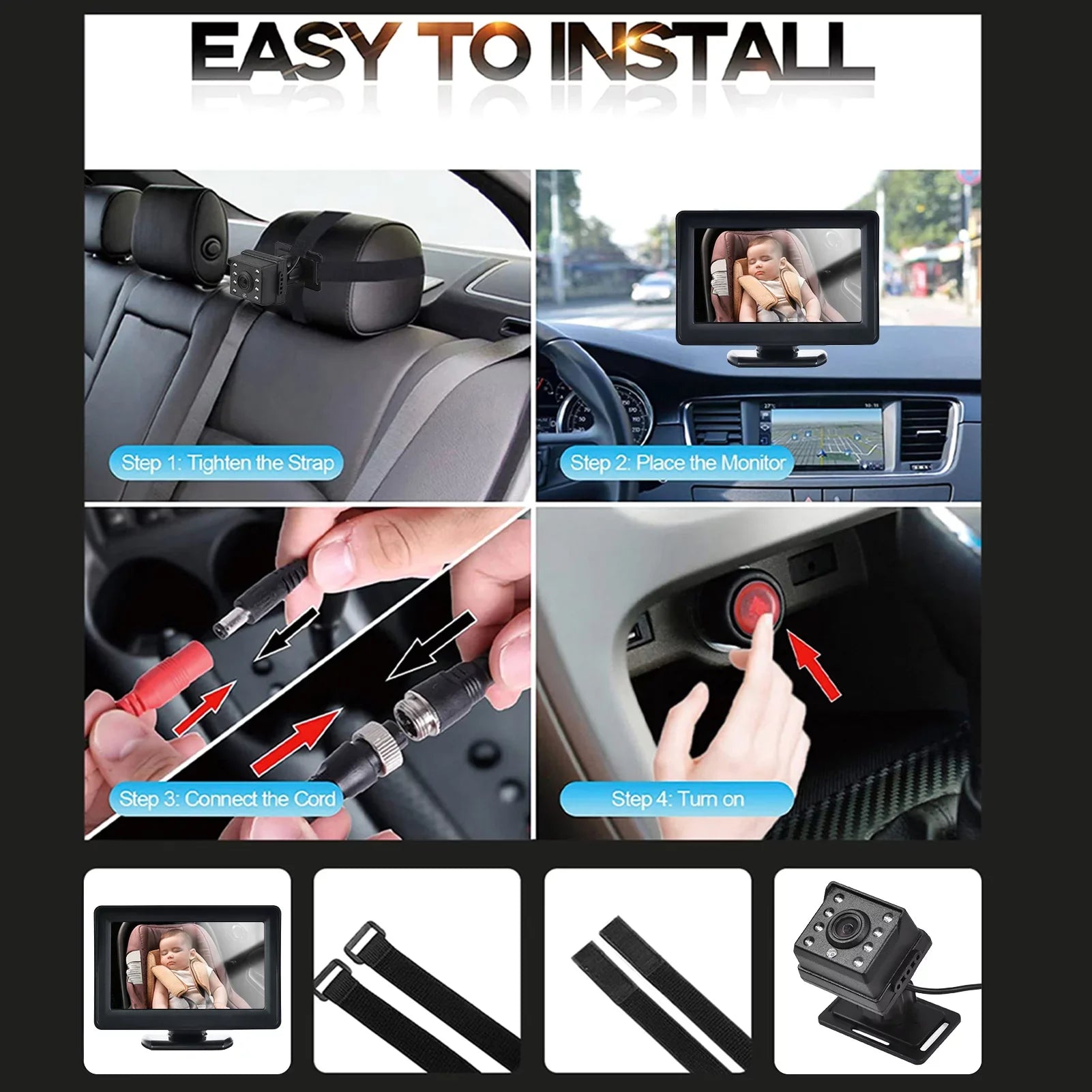 Easy 720P Camera Seat Seat Night Car Mirror Camera Baby Rear Facing Installation Display 4.3 Monitor 150° Baby Mirror moobody Car Wide Inch Baby View for Monitor Vision Car