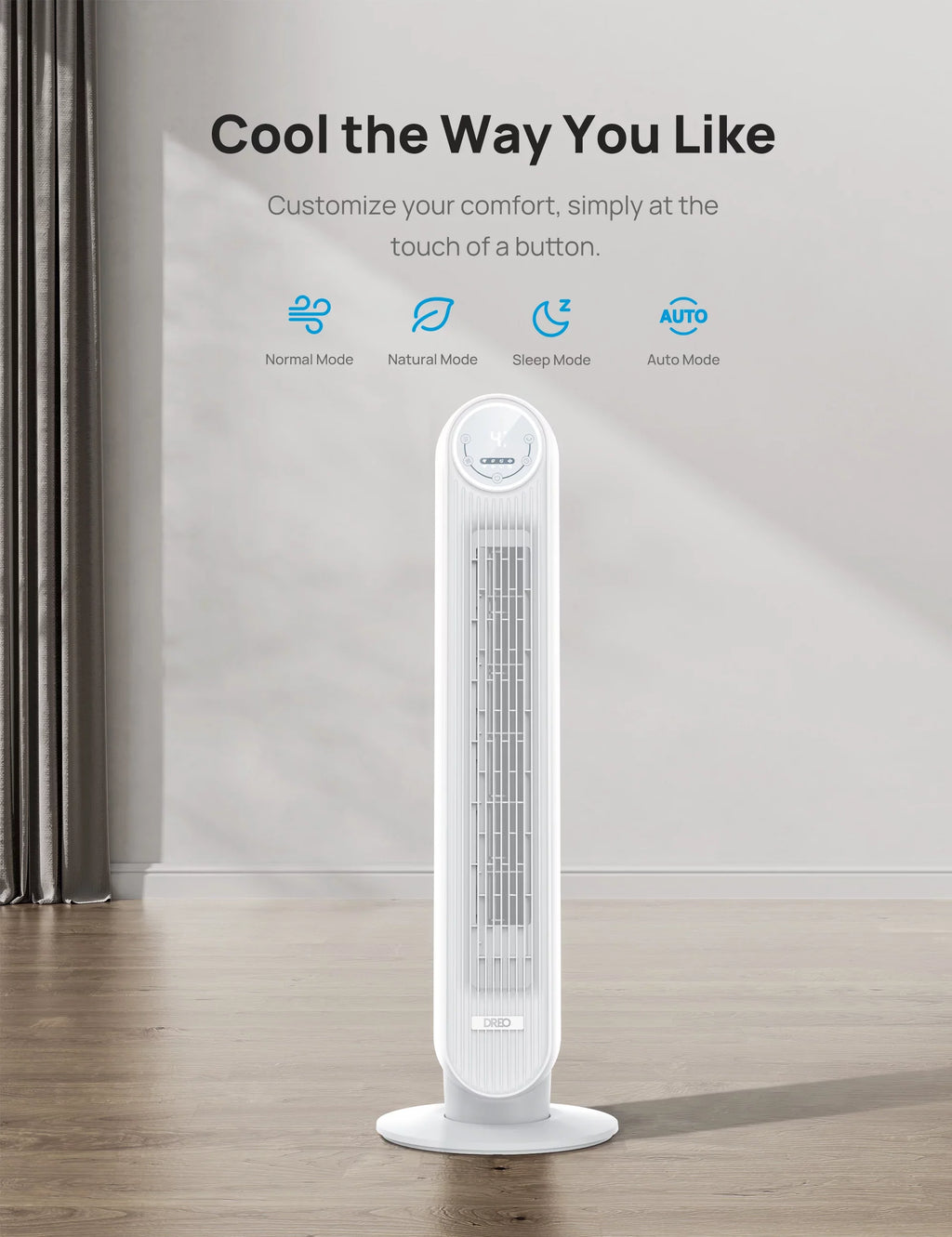 with WiFi Oscillating, Modes, Timer，white Fan, 4 Remote, 90° Quiet Control, 4 Voice Fan 8H Speeds, Smart Dreo Tower