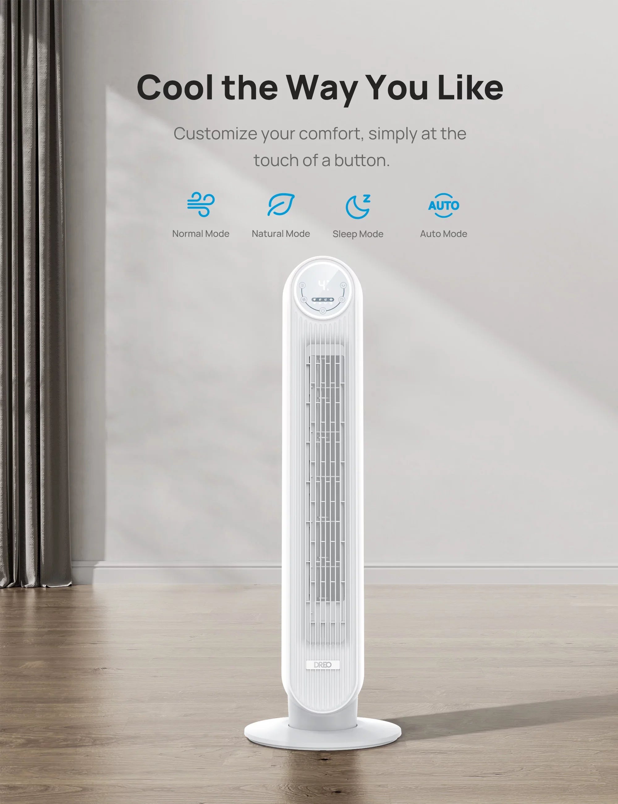with WiFi Oscillating, Modes, Timer，white Fan, 4 Remote, 90° Quiet Control, 4 Voice Fan 8H Speeds, Smart Dreo Tower