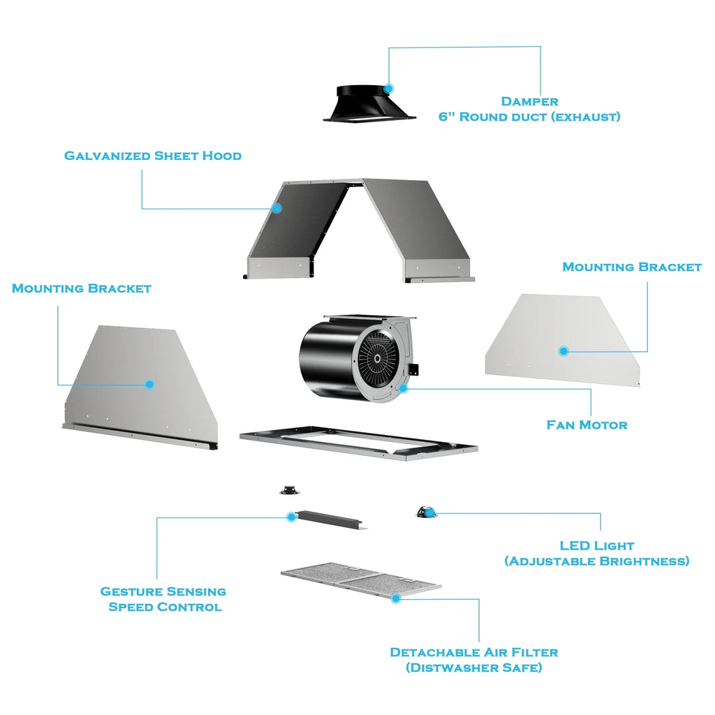 Speed (36 Sensing&Touch Ductless Kitchen Inch) (Kit Gesture Control CFM with Vent Convertible Panel, 36 900 Steel Insert HisoHu Included), 4 Range Inch, Hoods Stainless Ducted