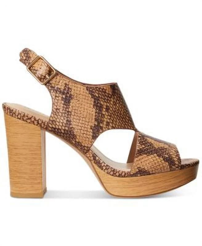 LAUREN Buckle 8.5 Snake Leather Beige 1" Toe Out Block Feona Sandal Slingback outfit Round LAUREN Platform RALPH Womens Heel Cut