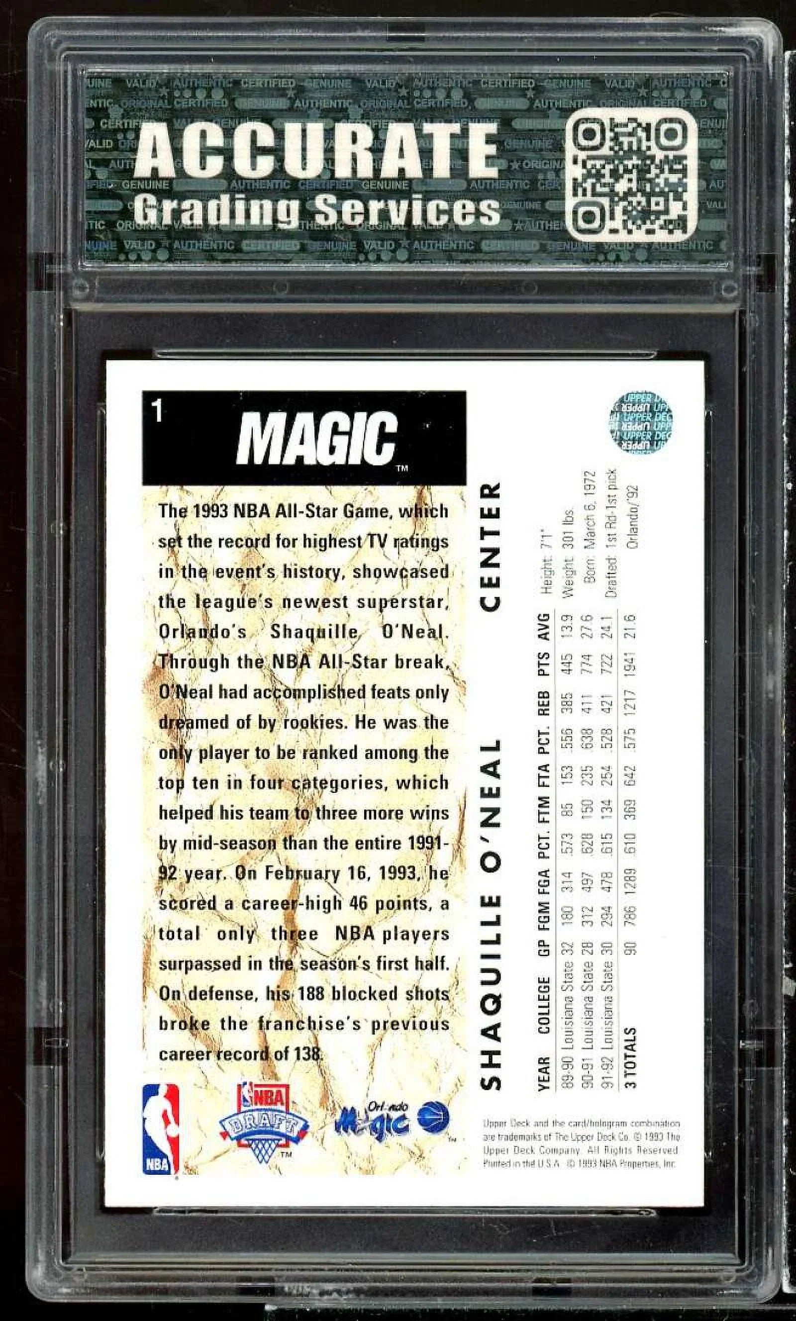 Shaquille Deck NM/MT Card 1992-93 8 Rookie #1 O'neal AGS Upper
