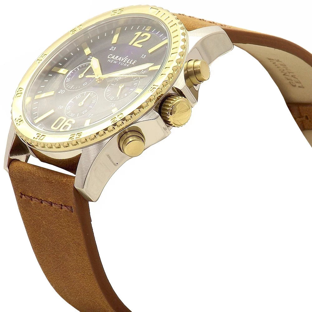 Leather Chronograph Men's Watch 45A135 Caravelle Brown Sport Strap Blue Dial