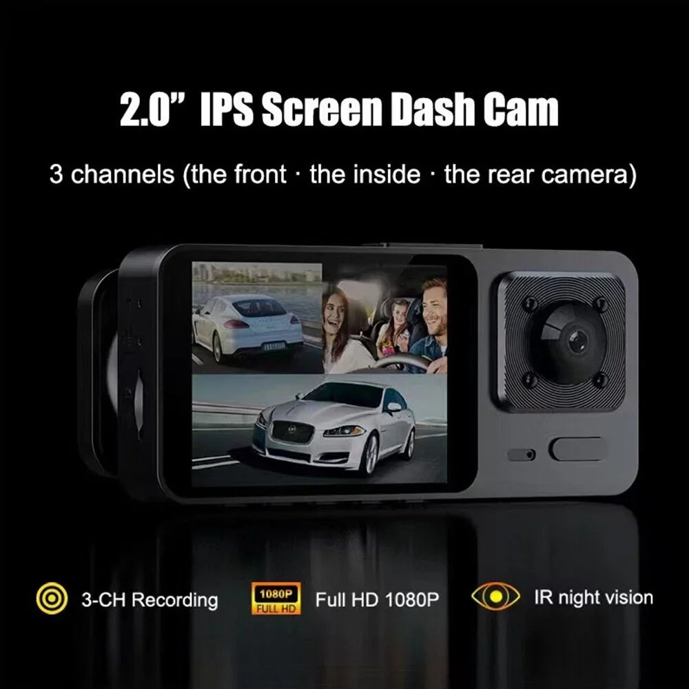 1080P Video Cam Front/Rear/Inside Recorder Car Dash 3 Dual Lens JLLOM HD Lens G-sensor Camera