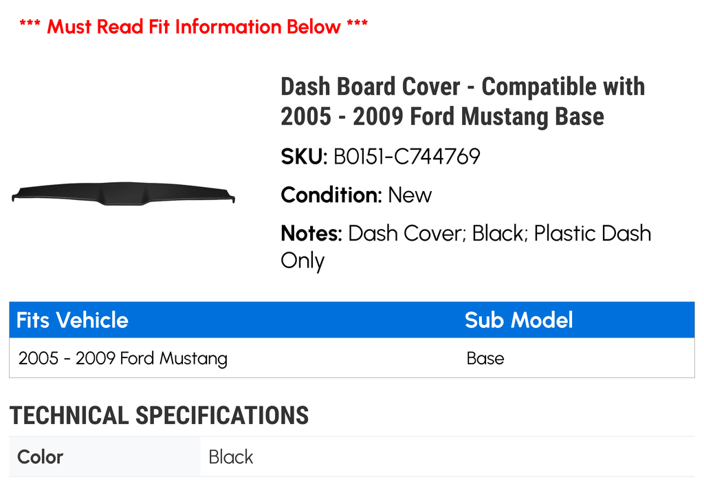 2006 2005 - Board Base with - 2009 Cover 2007 Compatible Dash Mustang 2008