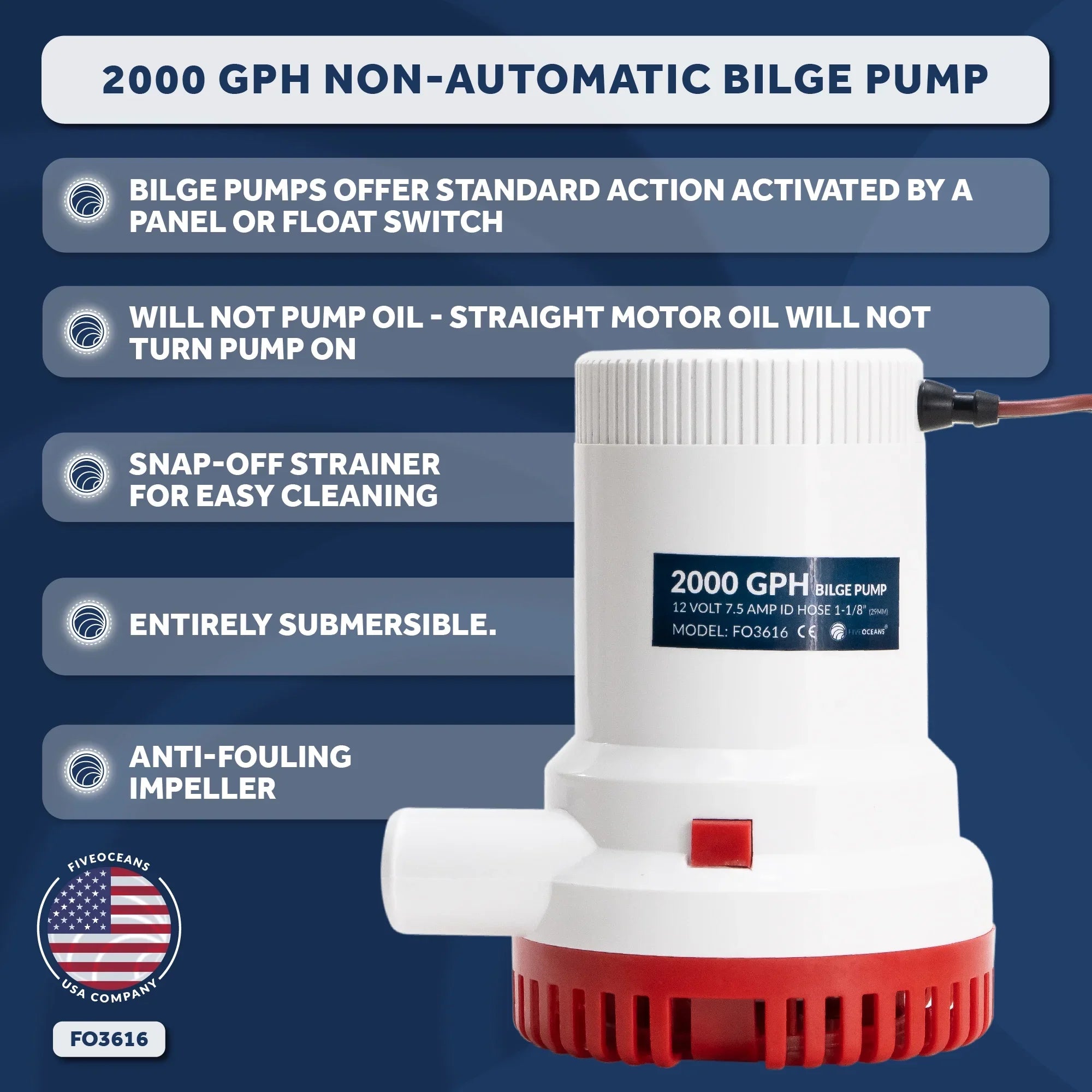Pump Bilge with Heavy-Duty LPH 1-1/8-Inch 2000 / Diameter Five GPH - Inside Kit, Automatic Oceans Float FO3616-C2 Switch (29mm) 12-Volts, Hose, 7571