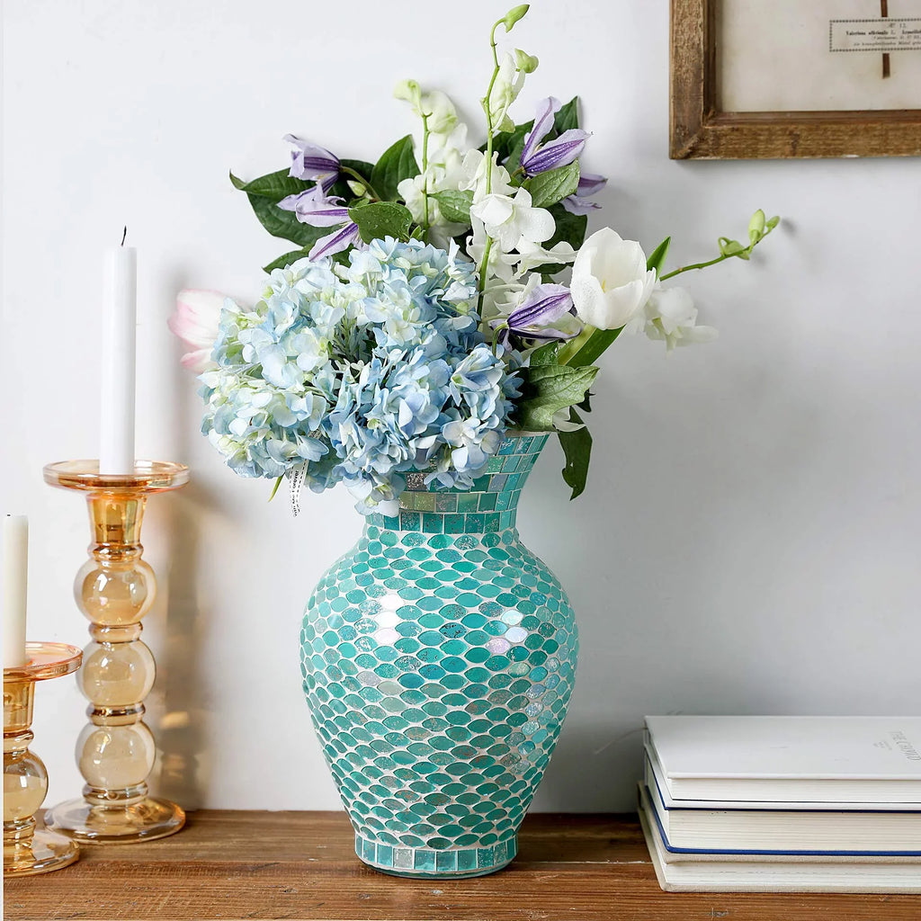 WHOLE (Blue) HOUSEWARES Glass Tall Mosaic 10.5" Vase