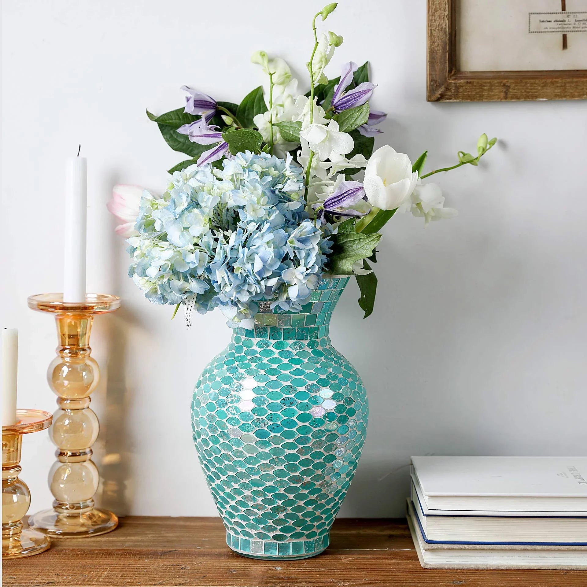WHOLE (Blue) HOUSEWARES Glass Tall Mosaic 10.5" Vase