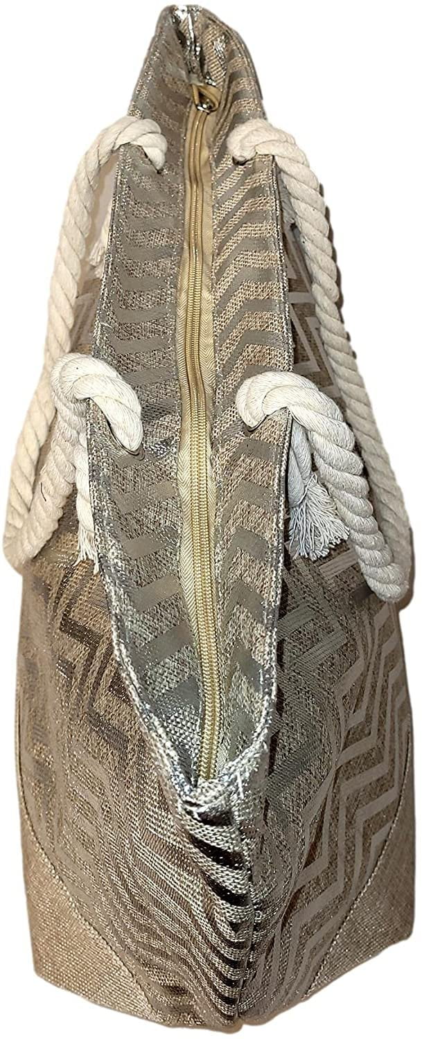 Monogram with Print Zipper be Can Top or with Women Initial, Metallic Beach Large Bag - Name Tote Personalized