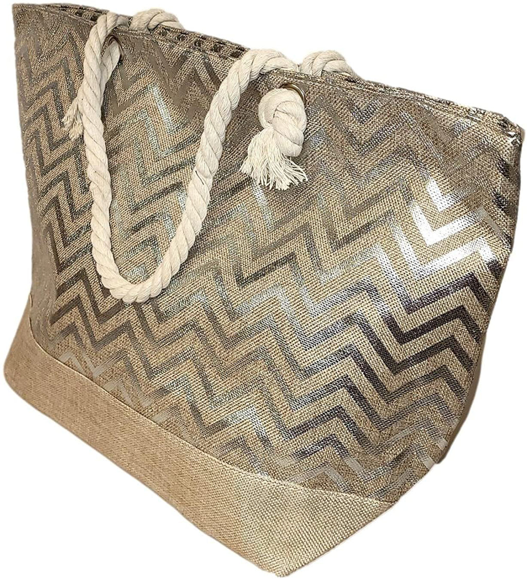 Monogram with Print Zipper be Can Top or with Women Initial, Metallic Beach Large Bag - Name Tote Personalized