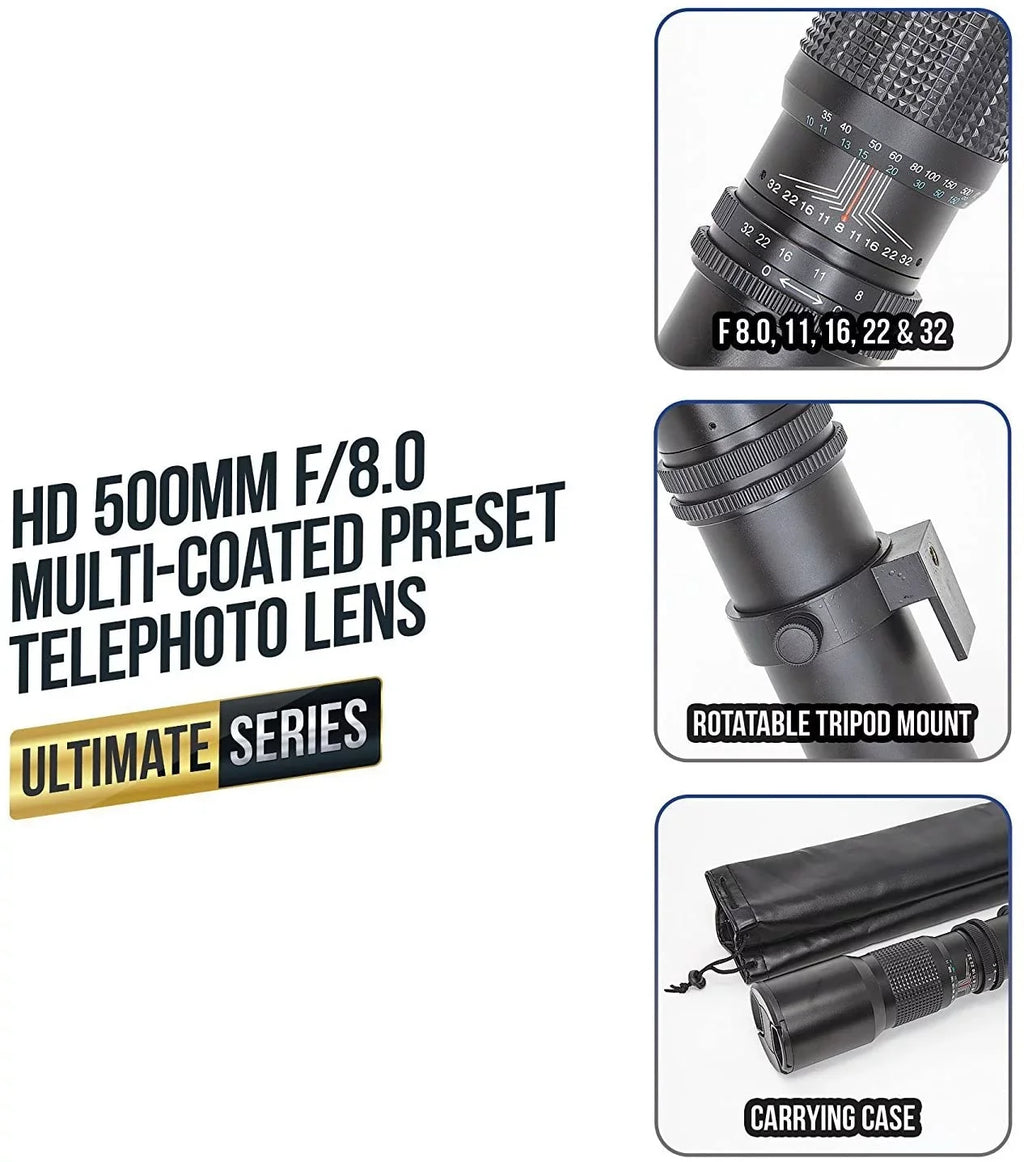T-Mount Cloth Mount Ultimaxx f/8 Compatible EF 500mm Canon Preset Cleaning Microfiber Multi-Coated Includes Adapter & Lens Cameras Telephoto for - SLR/DSLR with