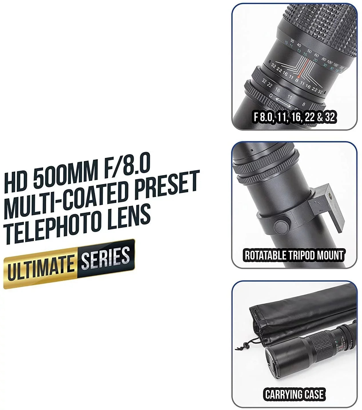 T-Mount Cloth Mount Ultimaxx f/8 Compatible EF 500mm Canon Preset Cleaning Microfiber Multi-Coated Includes Adapter & Lens Cameras Telephoto for - SLR/DSLR with