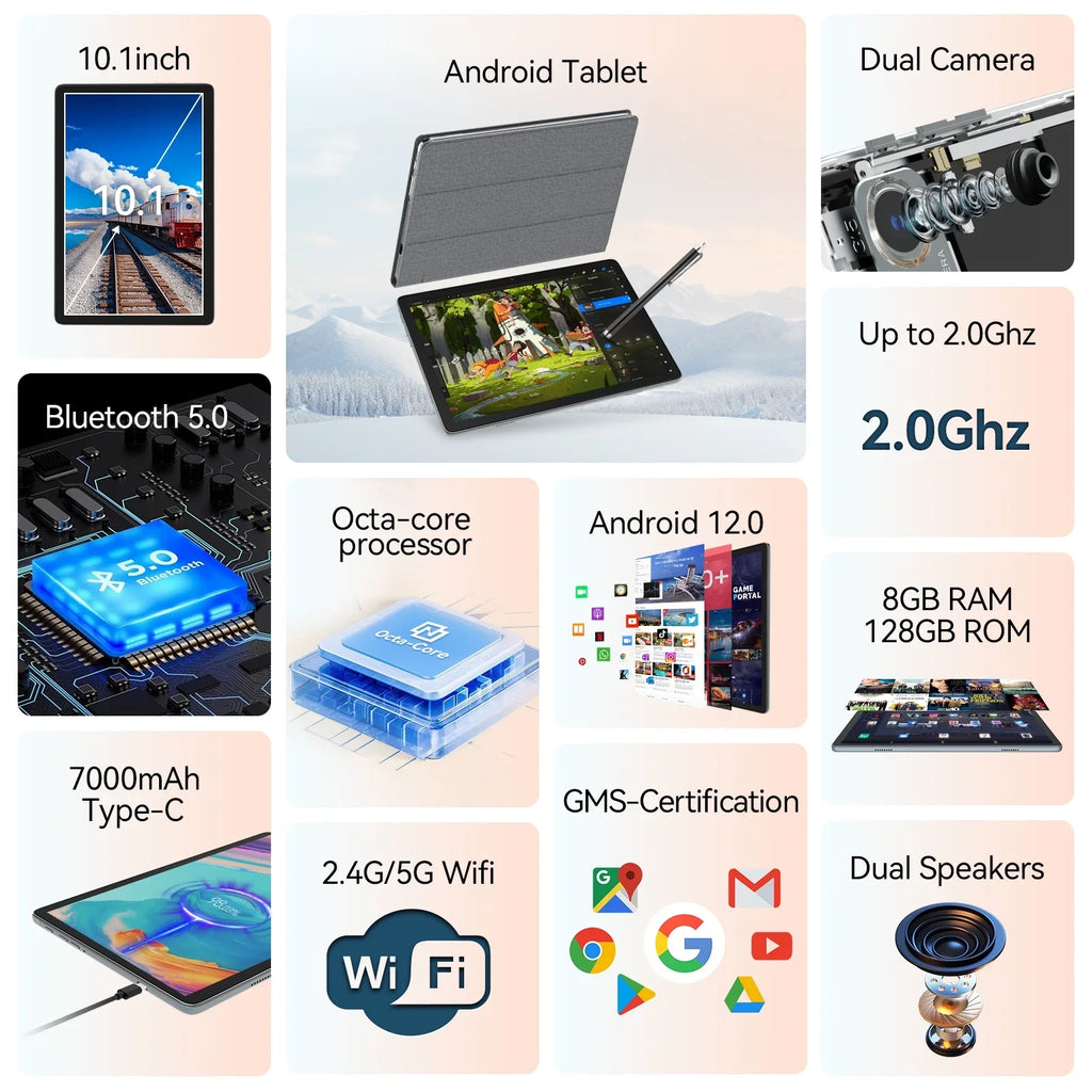 Tablet Tablet,1TB WiFi Tablet,8GB RAM with Mouse Android inch 12.0 Storage,Android Case ROM 128GB Expandable,Octa-Core Tablet Wireless 10.1 Tablet Newest Keyboard Processor,2024 Stylus,5G