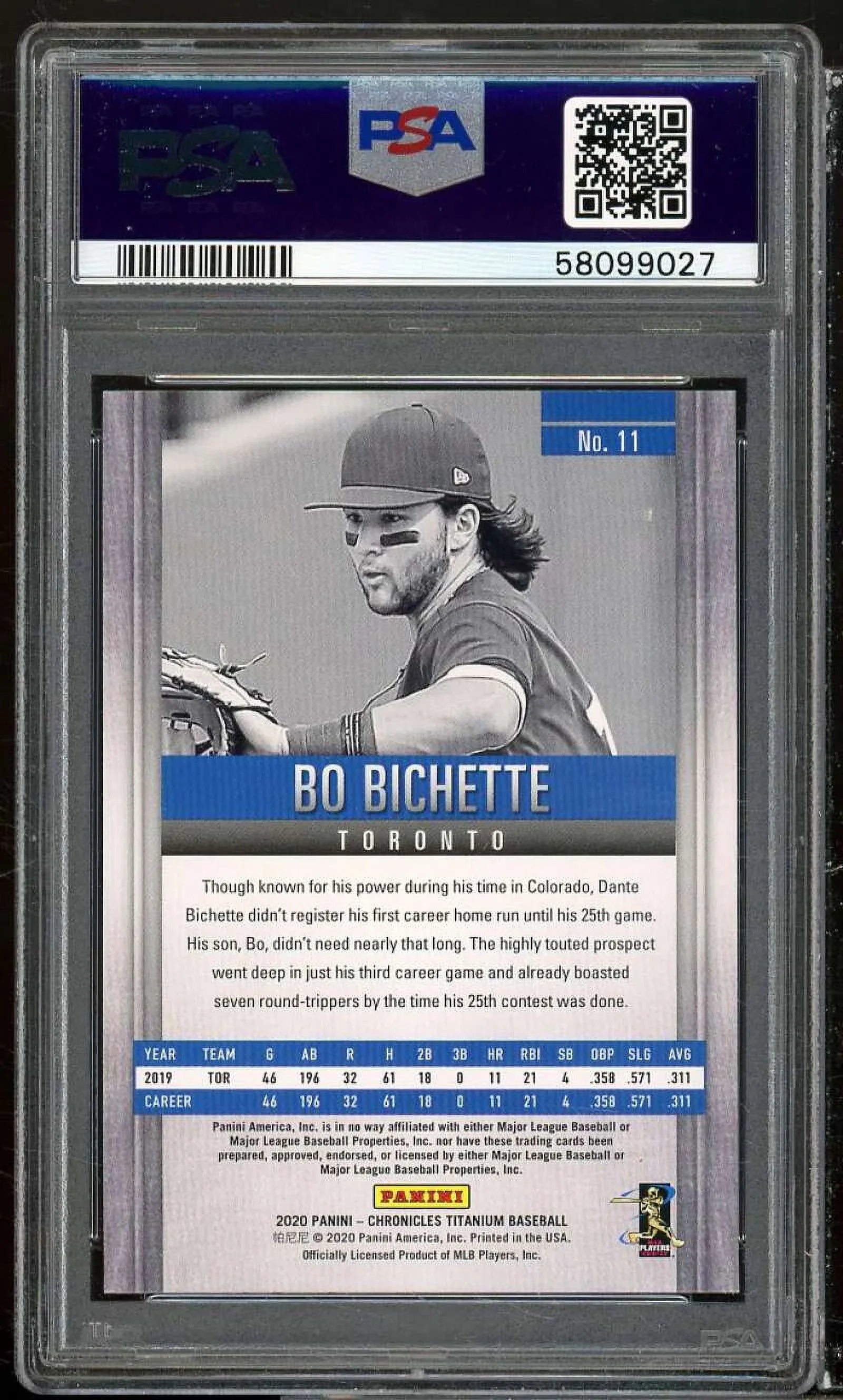 Rookie PSA Card 2020 Titanium Green 9 Chronicles Panini Bo Bichette #11