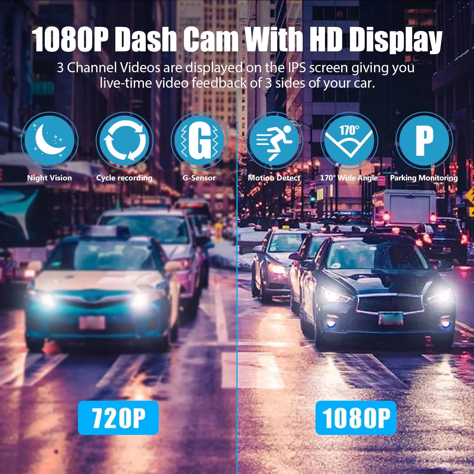 Video G-Sensor Inside DVR Dash Camera Car Cam Recorder 3 Front Lens 1080P Rear