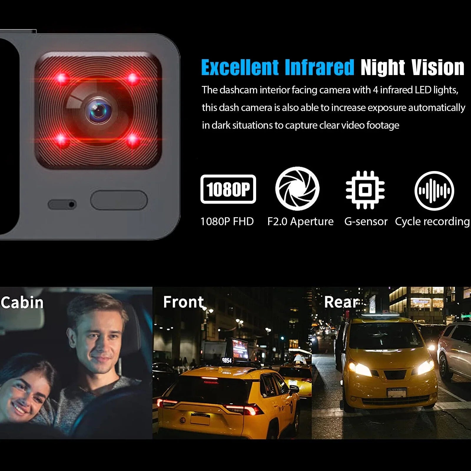 Video G-Sensor Inside DVR Dash Camera Car Cam Recorder 3 Front Lens 1080P Rear