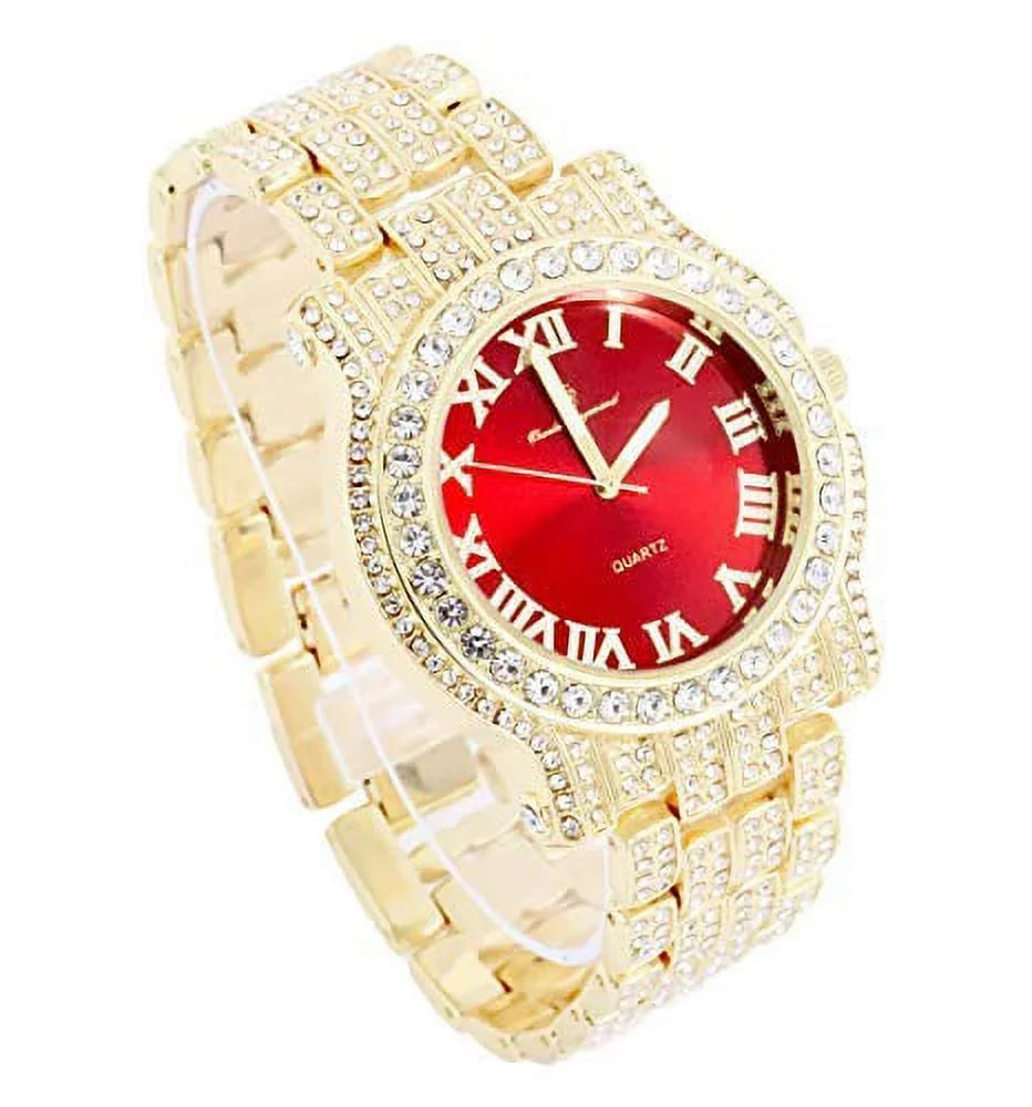 '- Gold Out w/Bling-ed Red ZZ Gold Blood Design Link Bling-ed Watch Luxury Mens Bracelet Round L0504RNB Out ZZ