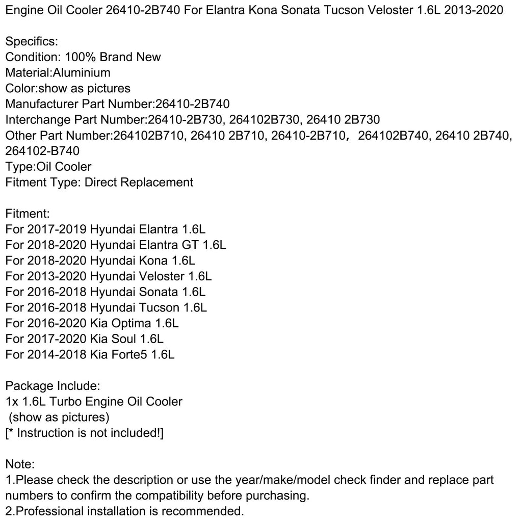Engine Oil Tucson 13-20 26410-2B740 Sonata Motor 1.6L Cooler Veloster Kona Genic For Elantra