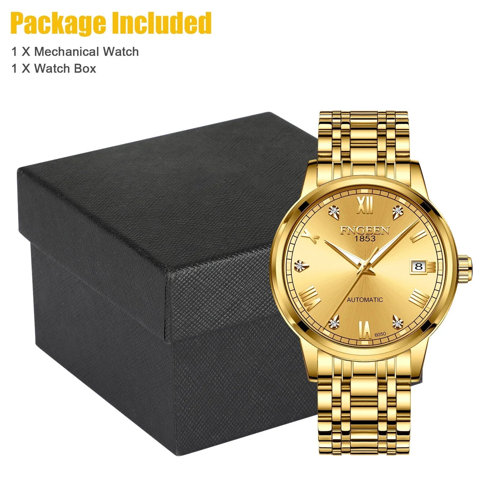 Stainless Tone Automatic Steel Watch Gold Wrist Men Waterproof Mechanical Luxury